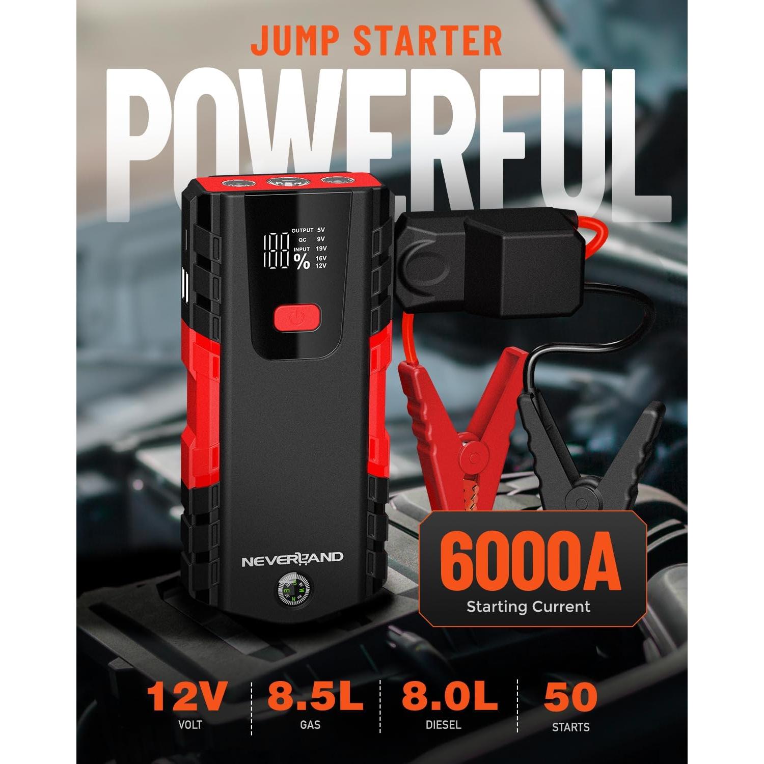 Arrancador de Batería de Coche NEVERLAND 6000A Portátil Rojo