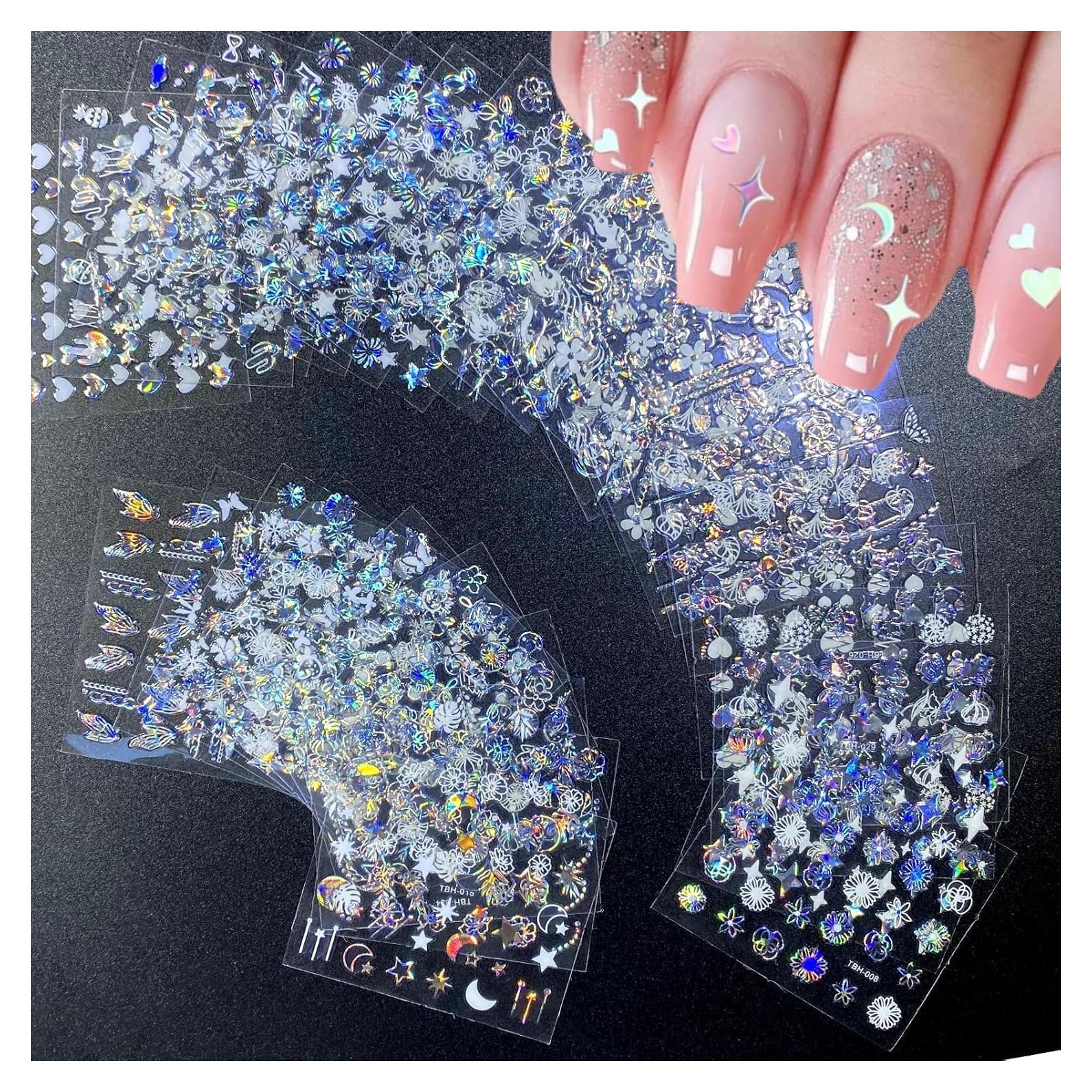 30 Sheets Aurora Flower Nail Art Stickers 3D Self Adhesive Flower Nail Stickers Aurora Moon Star Nail Decals Leaf Heart Nails Art Supplies Charms for Women Manicure Tips Decoration