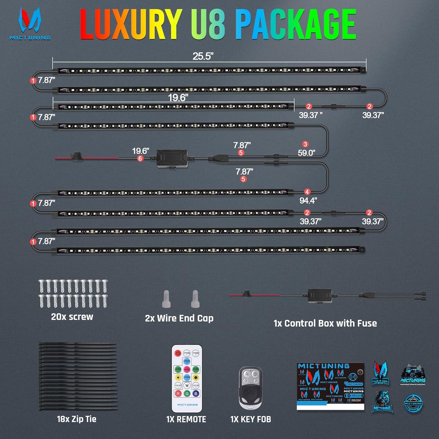 Barra de Luz LED RGB MICTUNING U8 con Control Remoto Doble - 8 Piezas