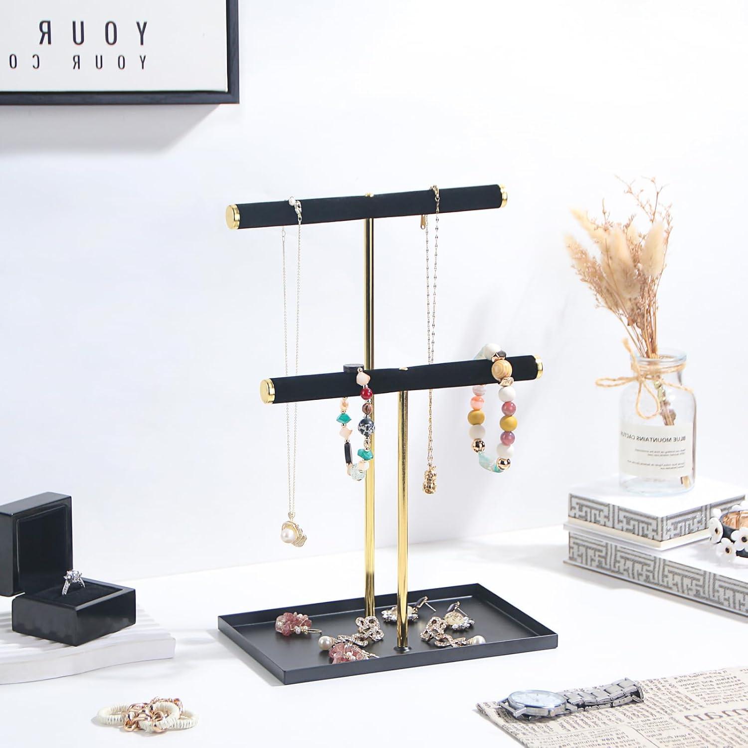 Soporte de Joyería Justsoso Negro 30.48 cm 2 Niveles Metal Terciopelo