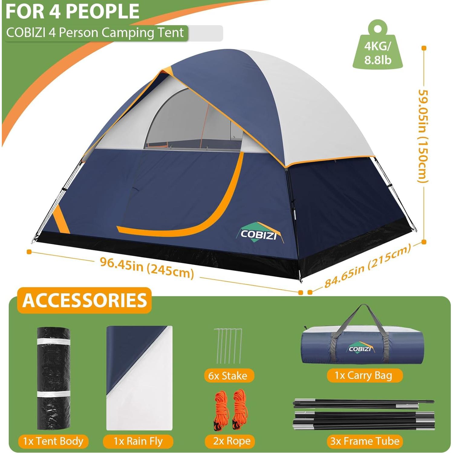 Tienda de Camping COBIZI para 4 Personas, Impermeable y Ligera