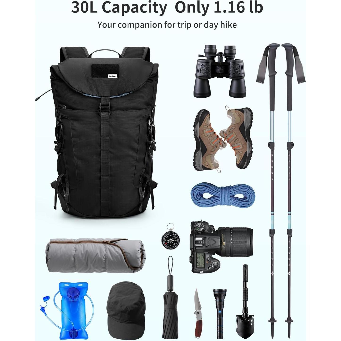 Mochila de Senderismo 30L BQ6093 Resistente al Agua Negra