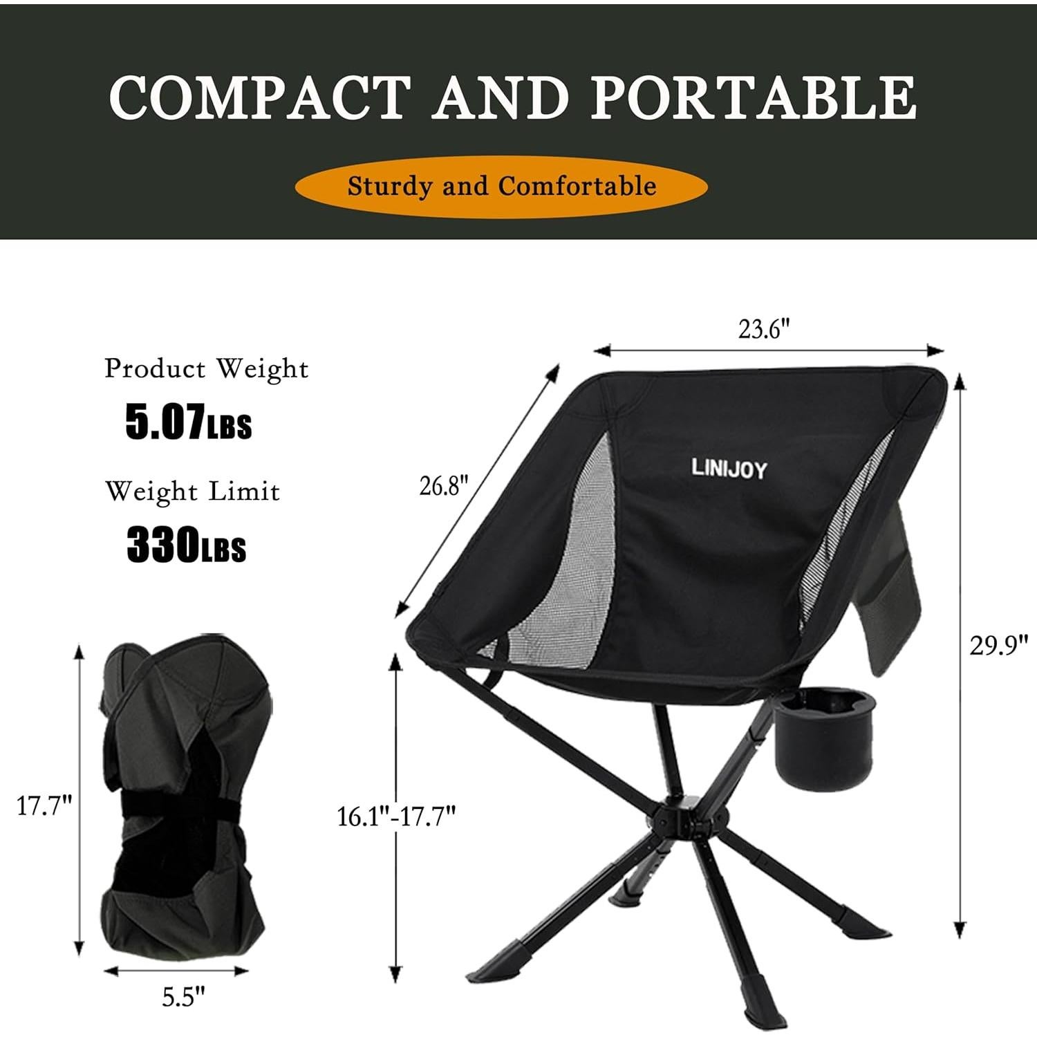 Silla de Camping Plegable Linijoy Negra 136kg Portátil