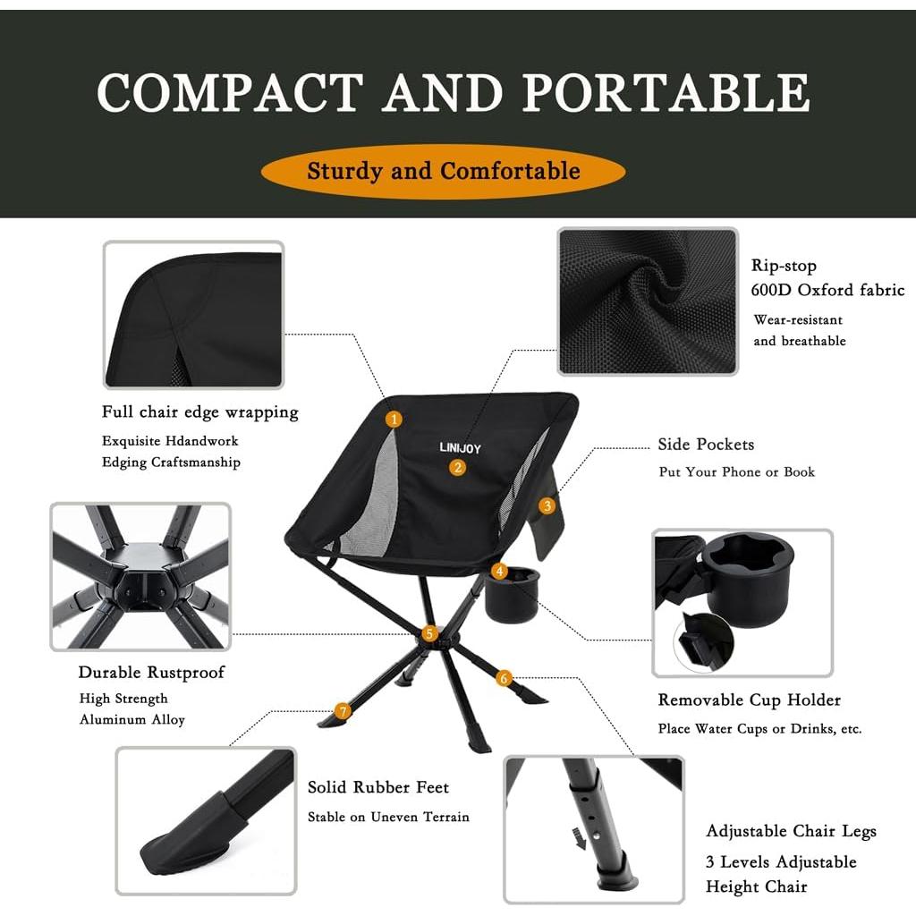 Silla de Camping Plegable Linijoy Negra 136kg Portátil