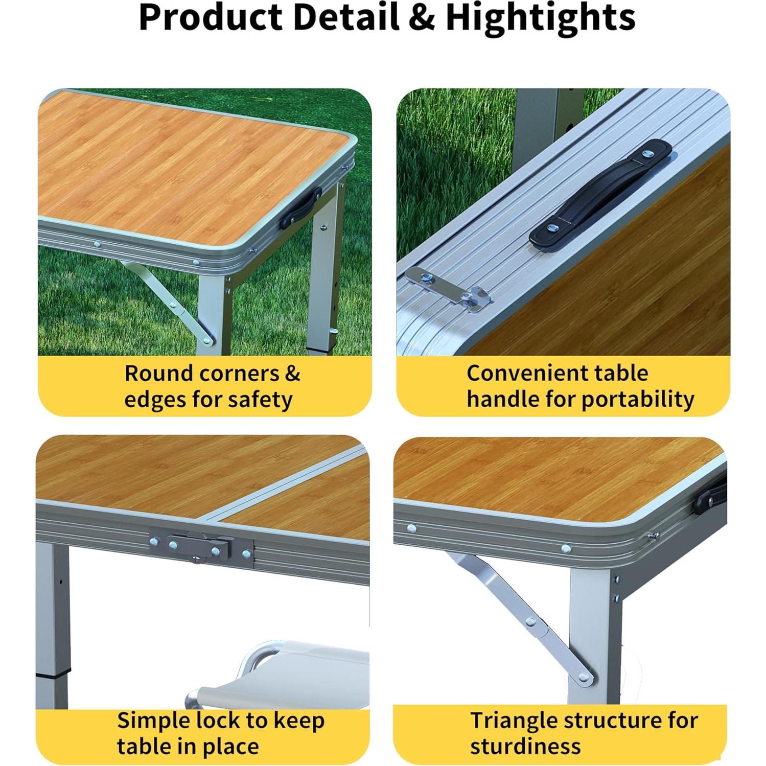 Mesa Plegable UNICOO 1.2m con 4 Sillas Ajustable Arce Miel