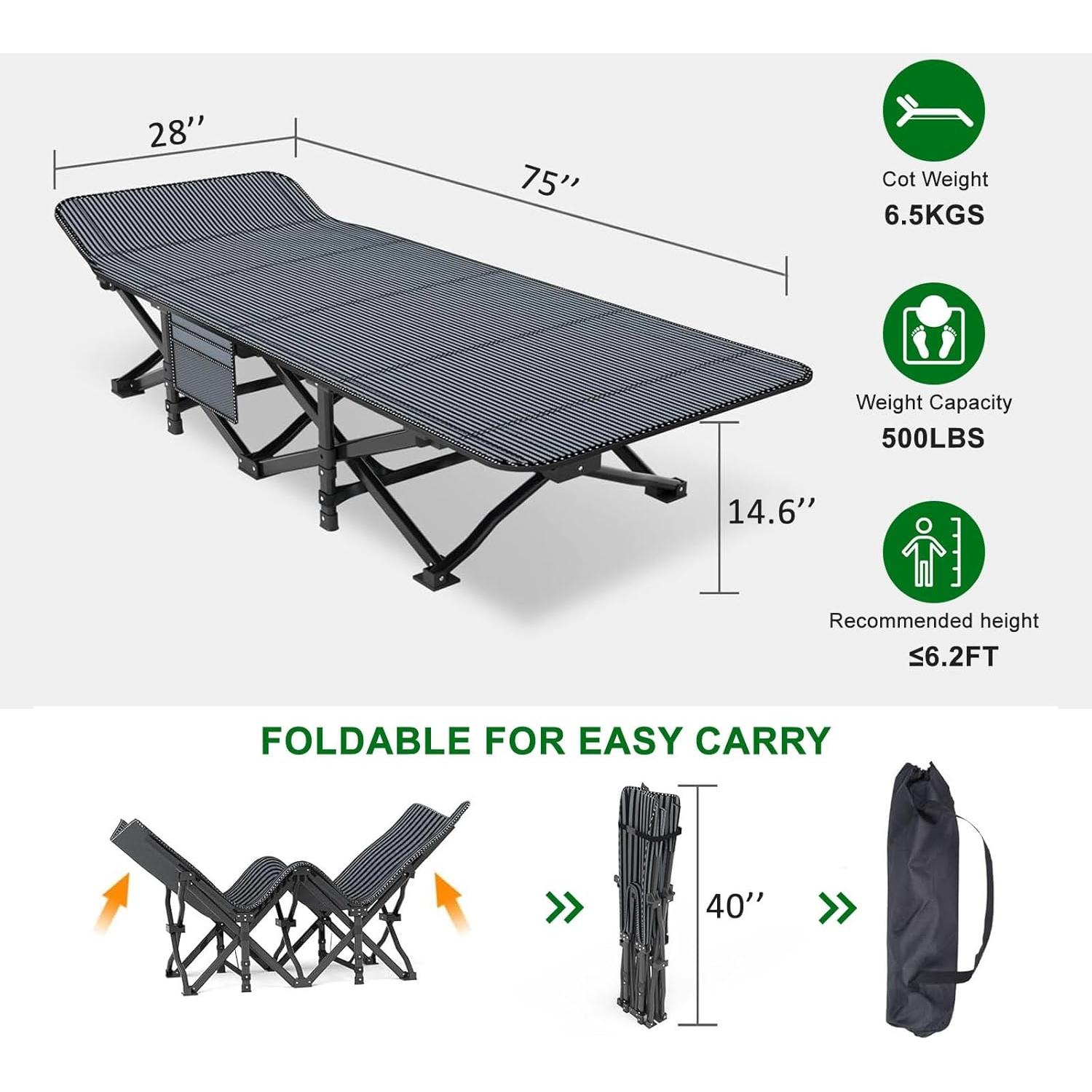 Cama de Camping Plegable XL Genérico con Colchón Grueso 190.5x71.1cm