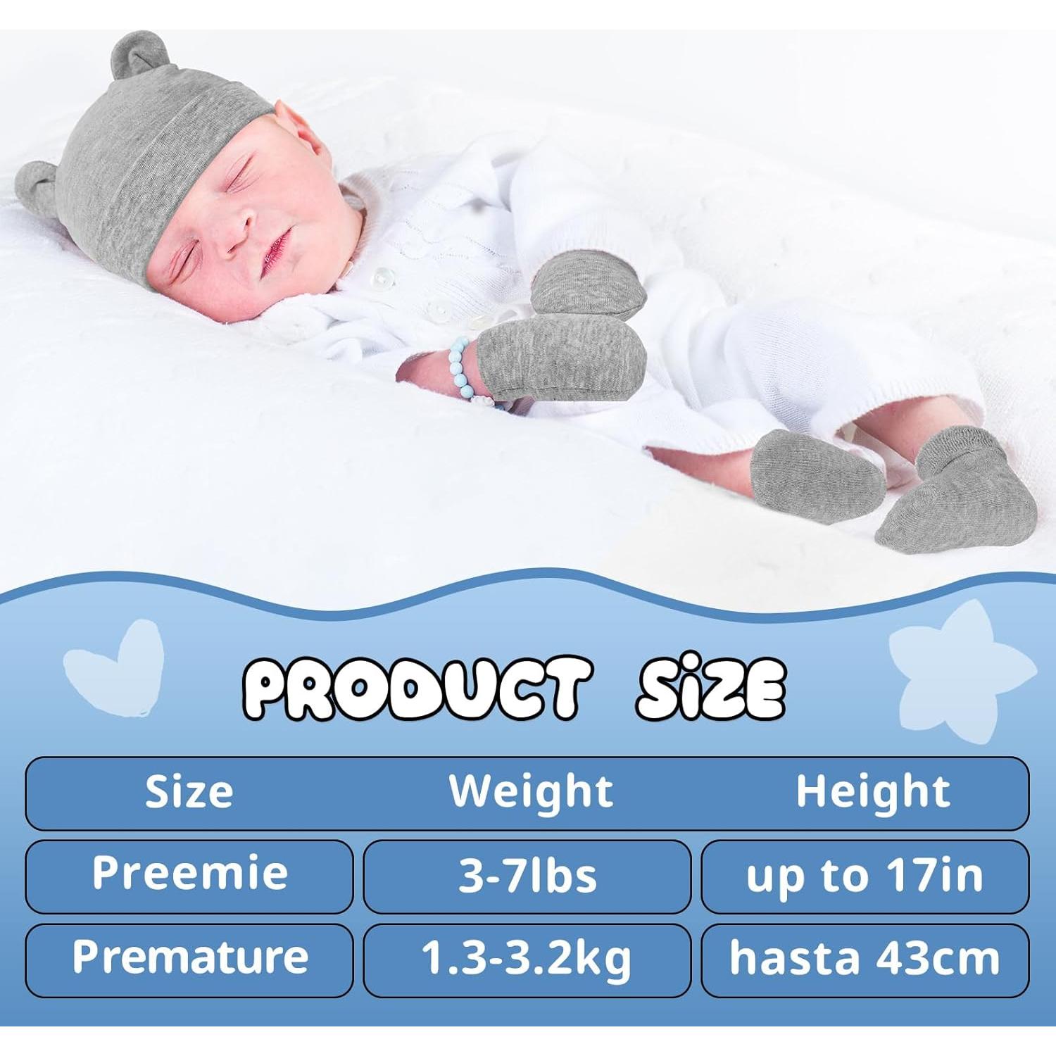 Conjunto 4 Pcs Gorro Manoplas Calcetines Prematuros Cuffbow