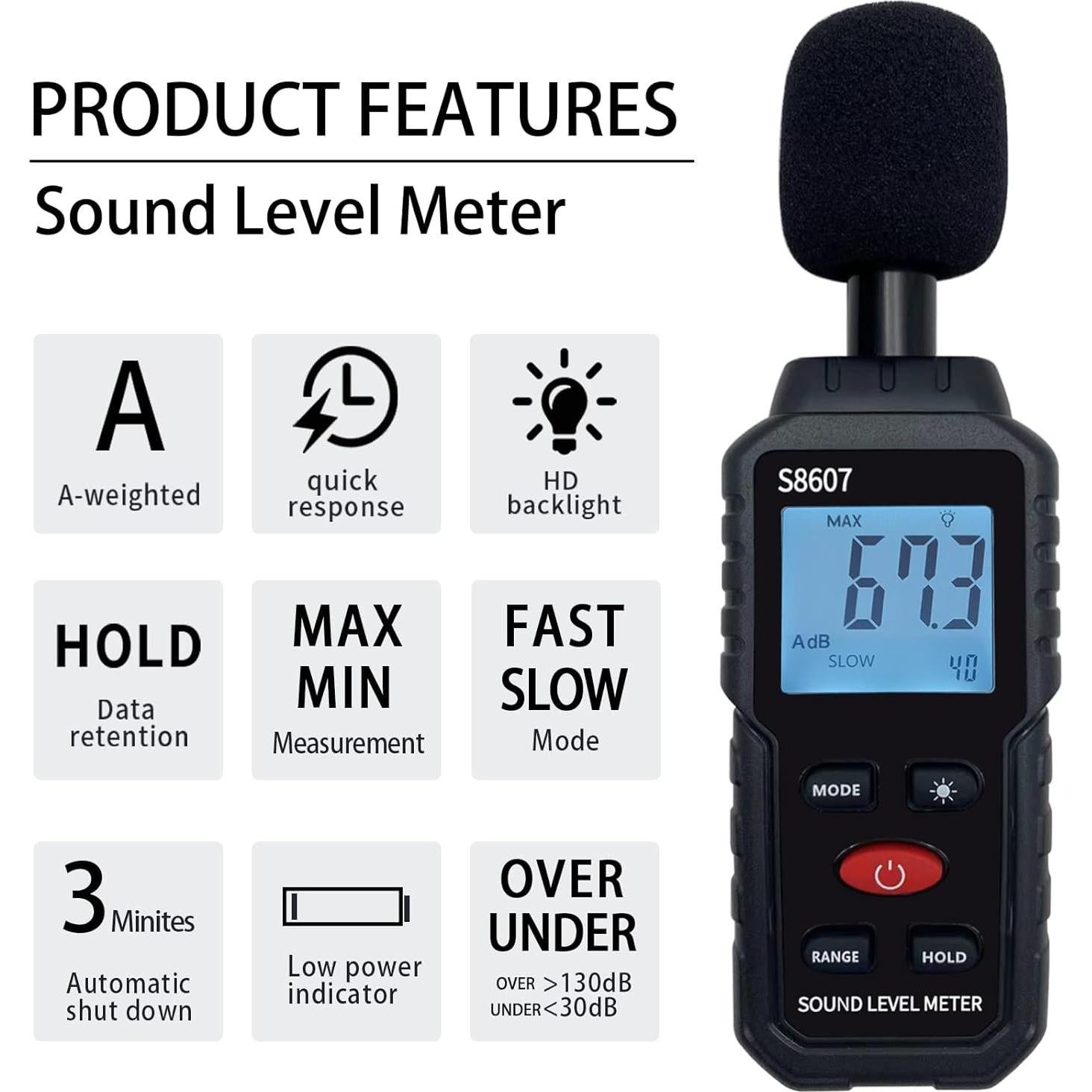 Medidor de Nivel de Sonido Digital S8607 30-130dBA Preciso