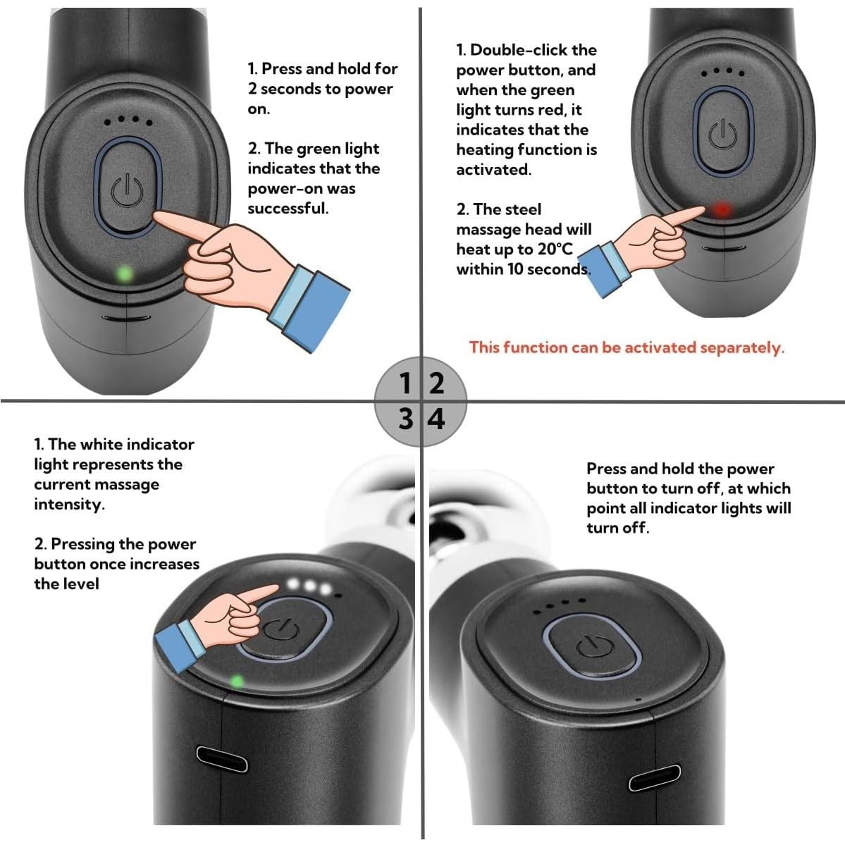 Mini Pistola de Masaje AEROVITA con Calor y 4 Cabezas - 0.27kg