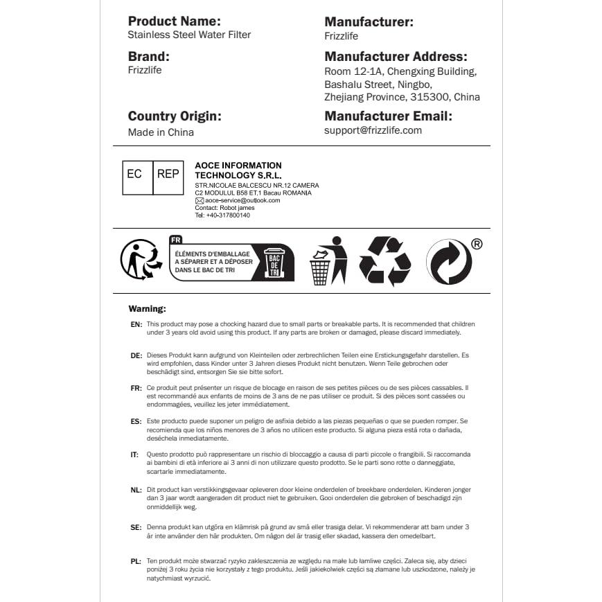 Filtro de Agua Frizzlife G210, Acero Inoxidable 8.5L