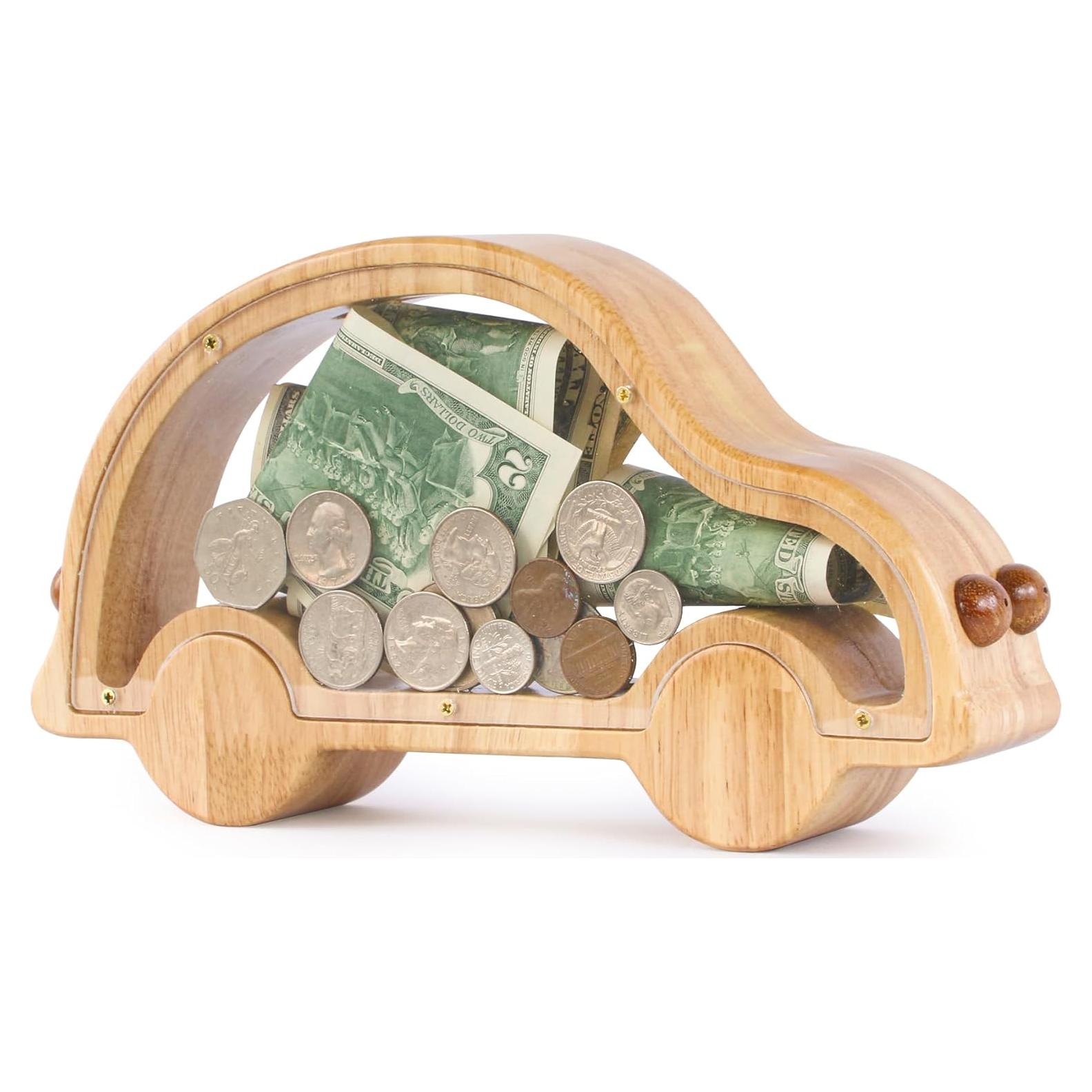 Hucha de Madera Personalizada SENSUNIQ Estilo Coche 26x14.5cm