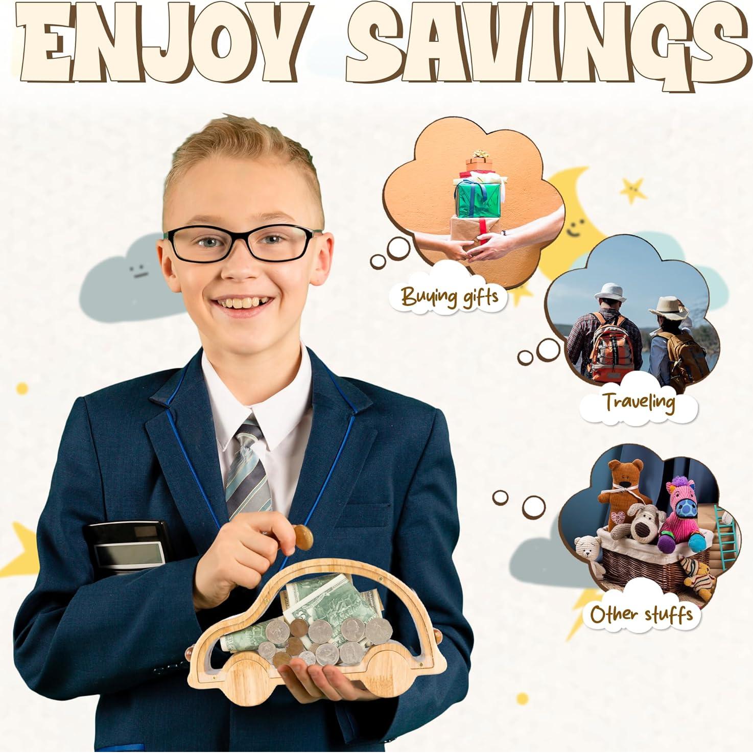 Hucha de Madera Personalizada SENSUNIQ Estilo Coche 26x14.5cm