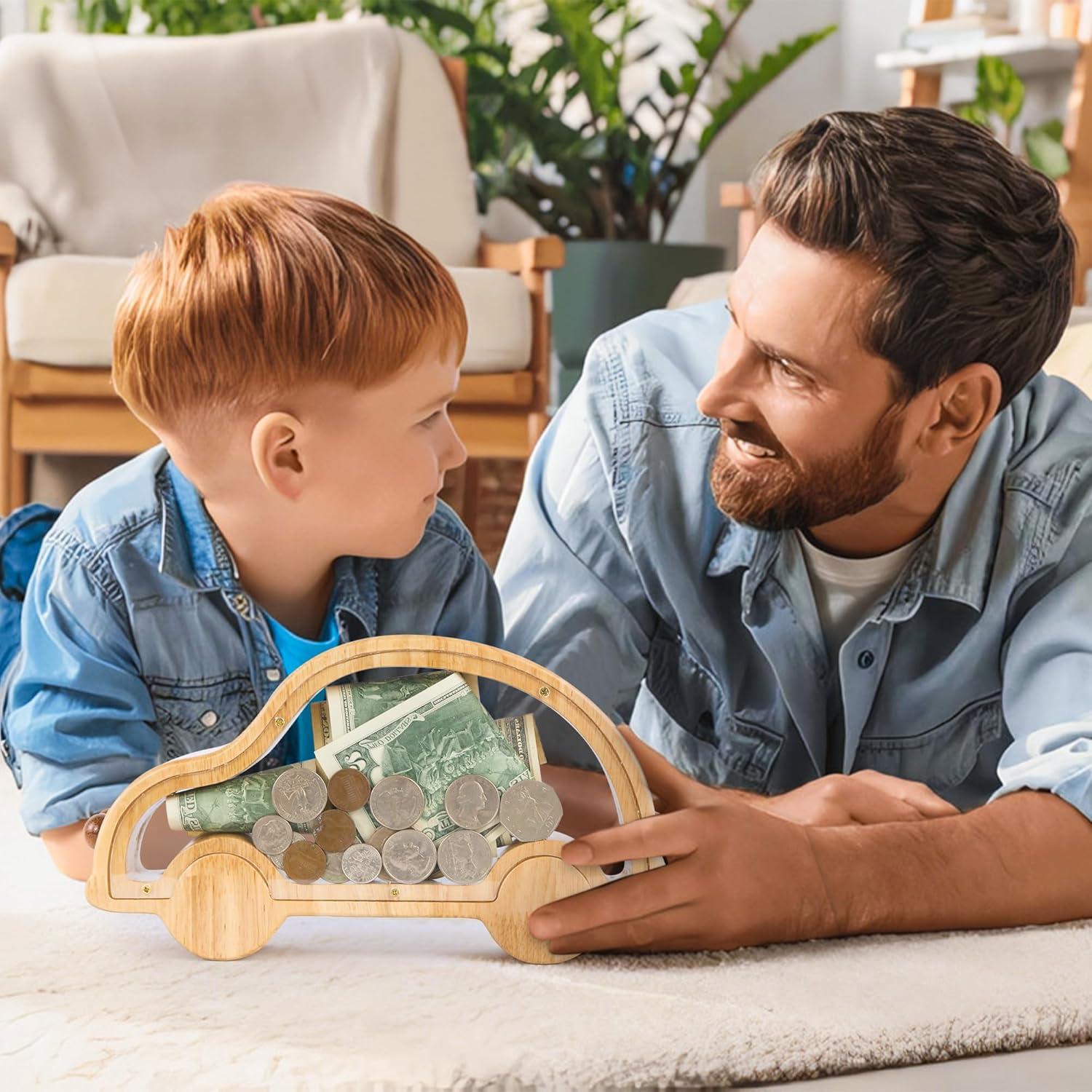 Hucha de Madera Personalizada SENSUNIQ Estilo Coche 26x14.5cm