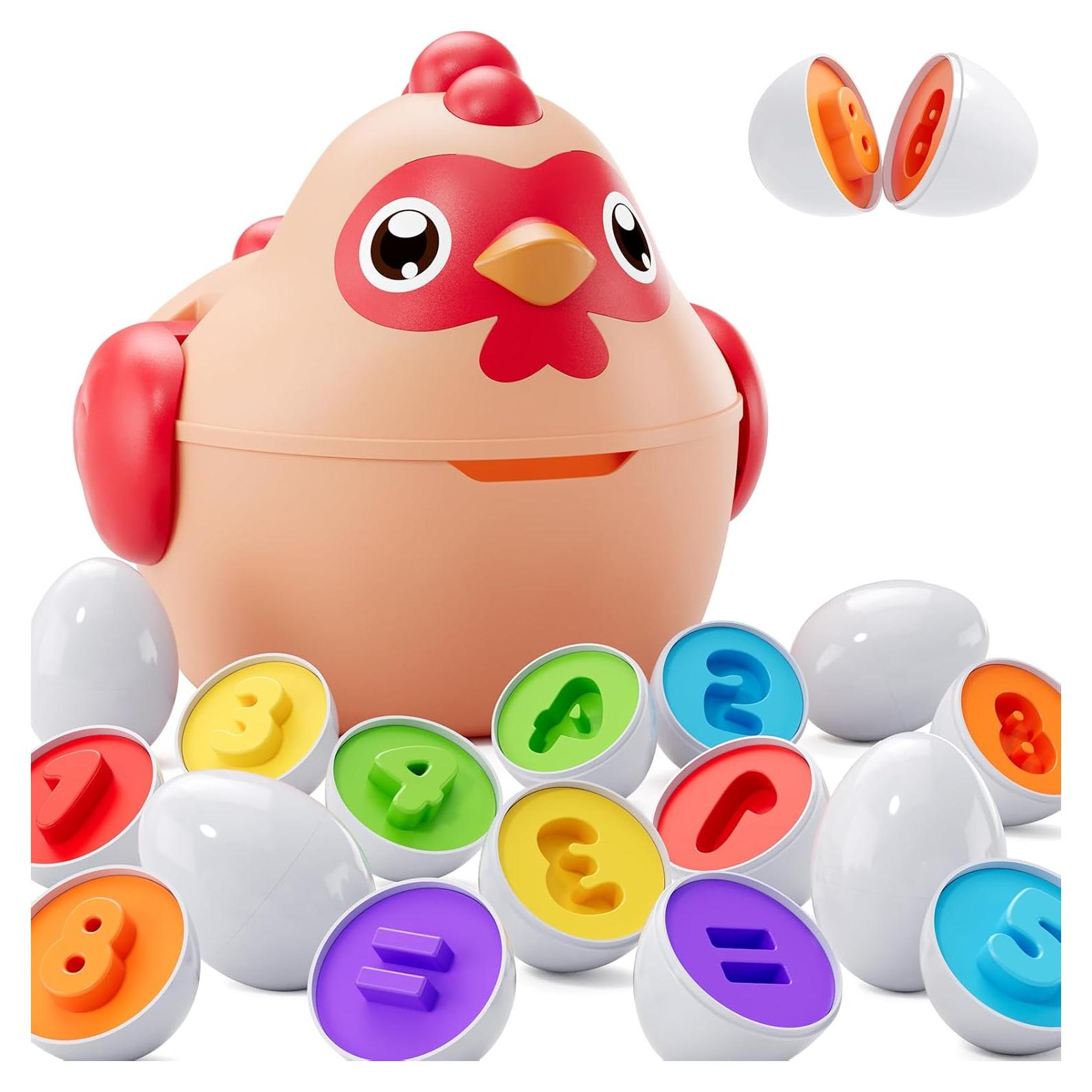 Matching Eggs for Toddlers 1-3, 12PCS Shape Sorting Toys Chicken Montessori Geometric Sensory Play Eggs, Color Stacking Block Easter Gifts for Baby Boys Girls