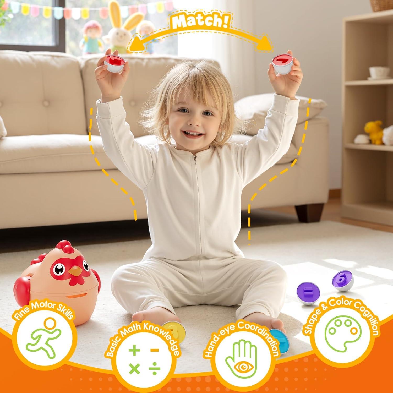 Matching Eggs for Toddlers 1-3, 12PCS Shape Sorting Toys Chicken Montessori Geometric Sensory Play Eggs, Color Stacking Block Easter Gifts for Baby Boys Girls