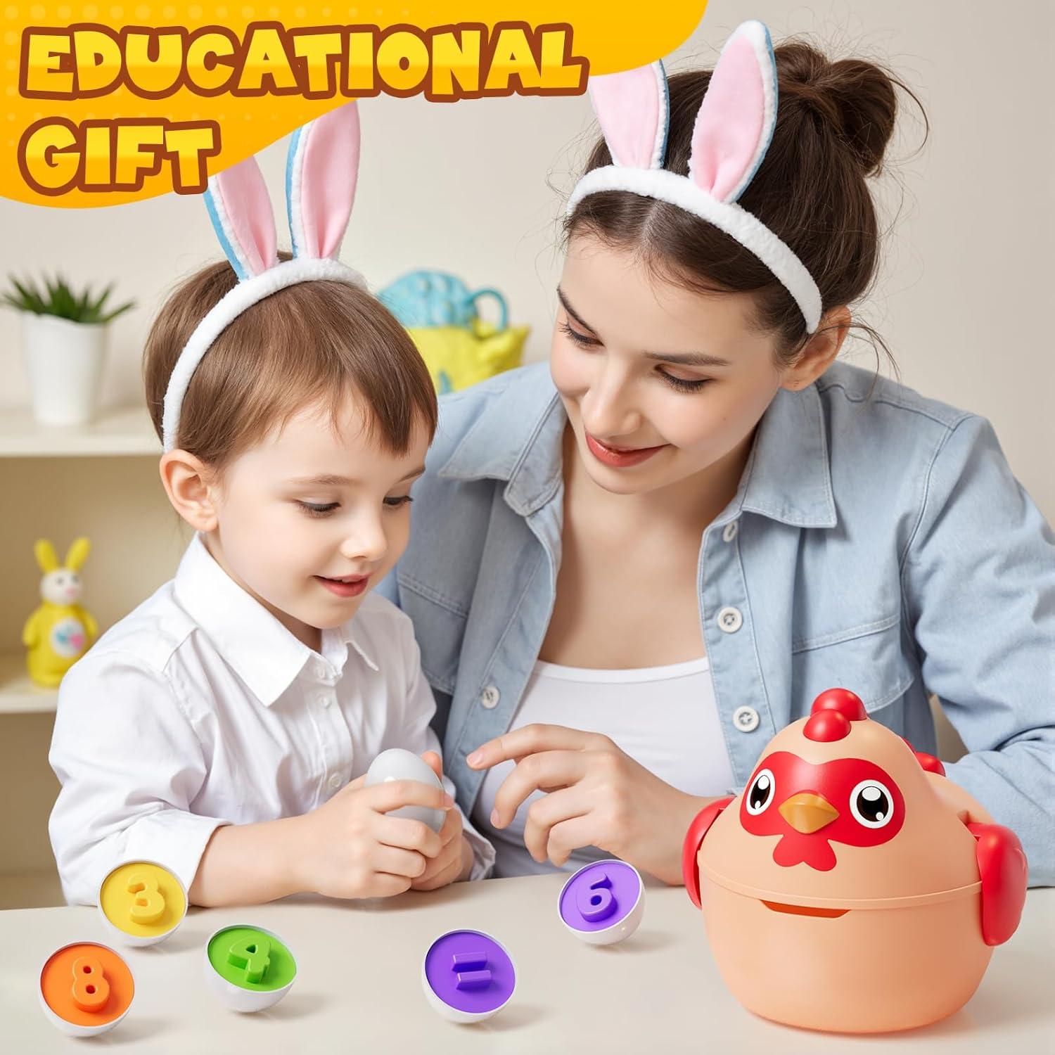 Matching Eggs for Toddlers 1-3, 12PCS Shape Sorting Toys Chicken Montessori Geometric Sensory Play Eggs, Color Stacking Block Easter Gifts for Baby Boys Girls