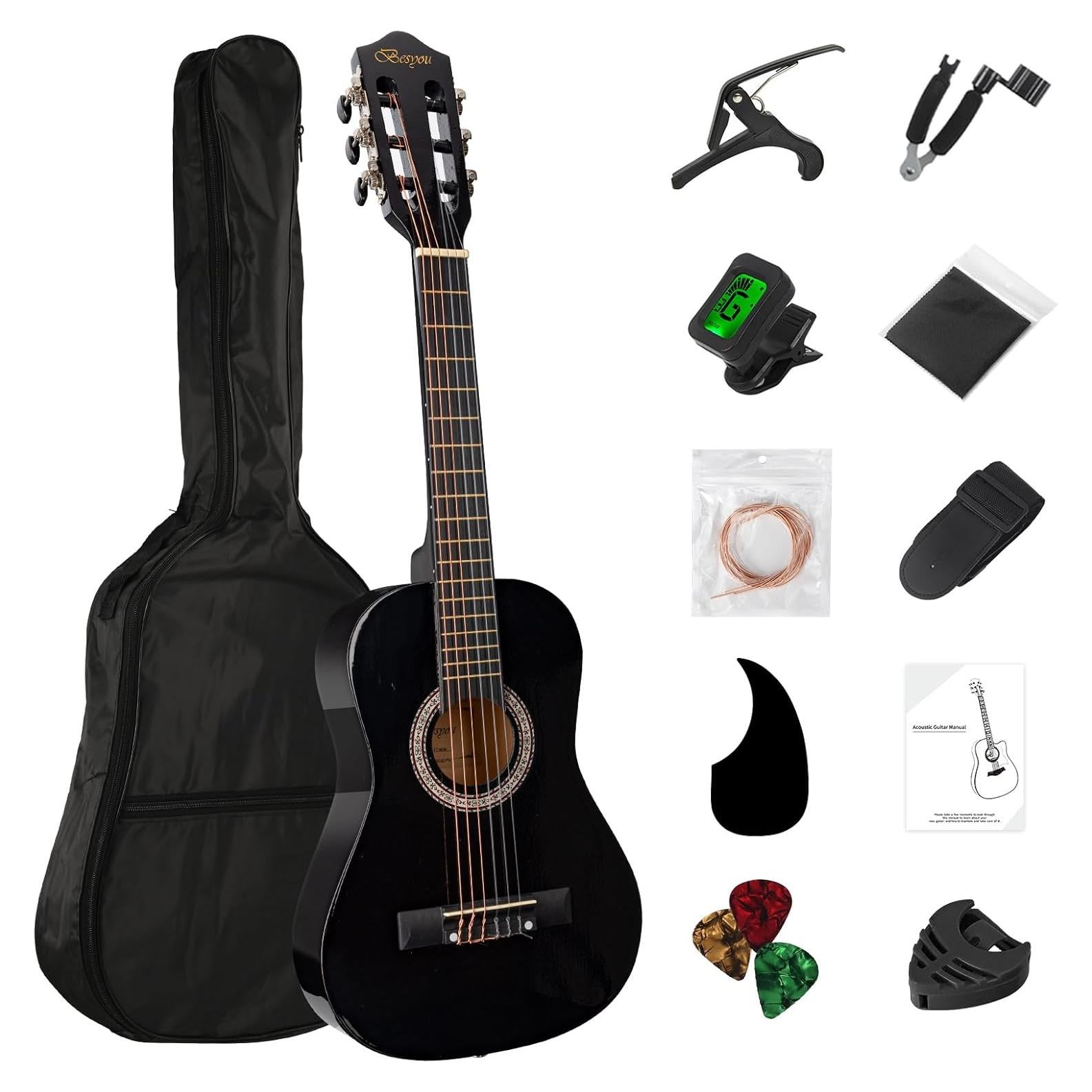 Guitarra acústica 30" negra para principiantes con kit