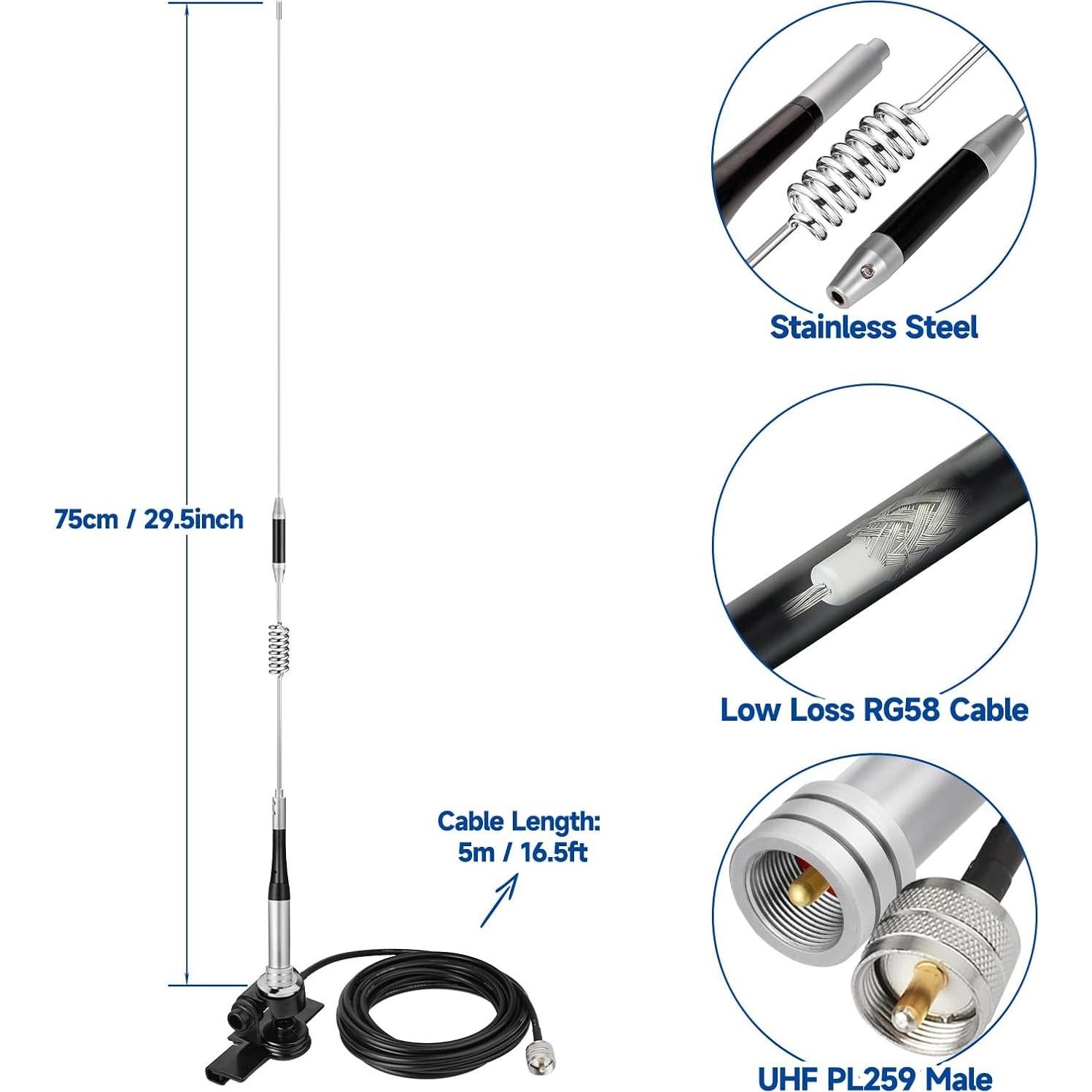 Antena de Radio Móvil Bingfu VHF UHF 136-470MHz 5m con Soporte