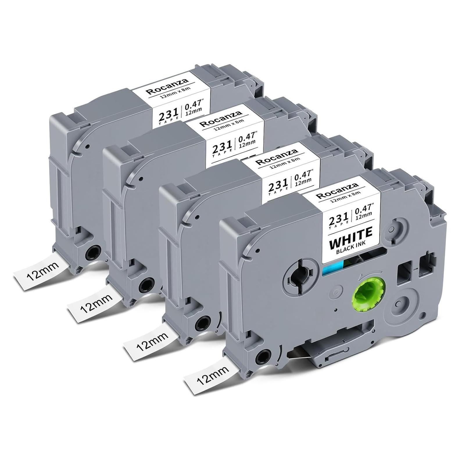 Cinta de Etiqueta Laminada Rocanza TZe-231 12mm Negra sobre Blanca 4-Pack