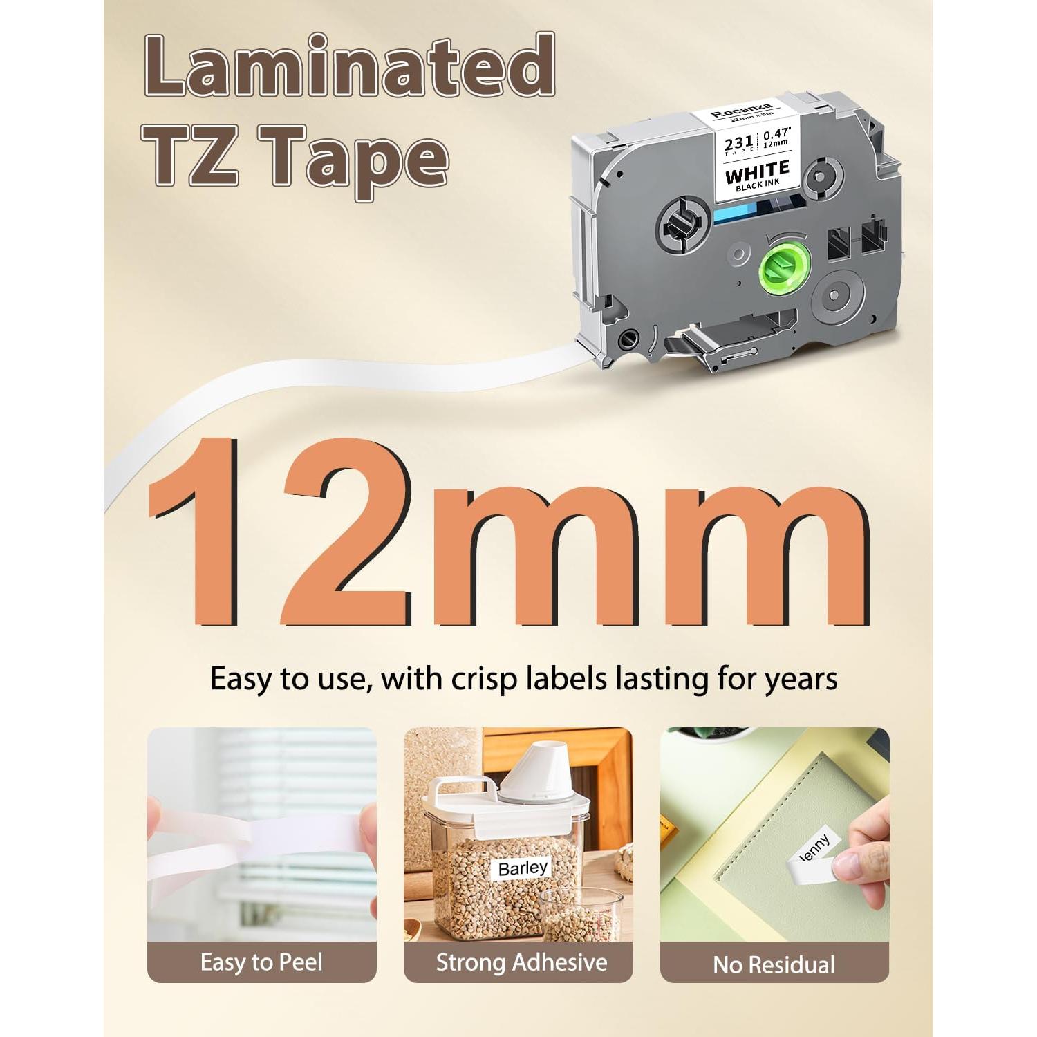 Cinta de Etiqueta Laminada Rocanza TZe-231 12mm Negra sobre Blanca 4-Pack