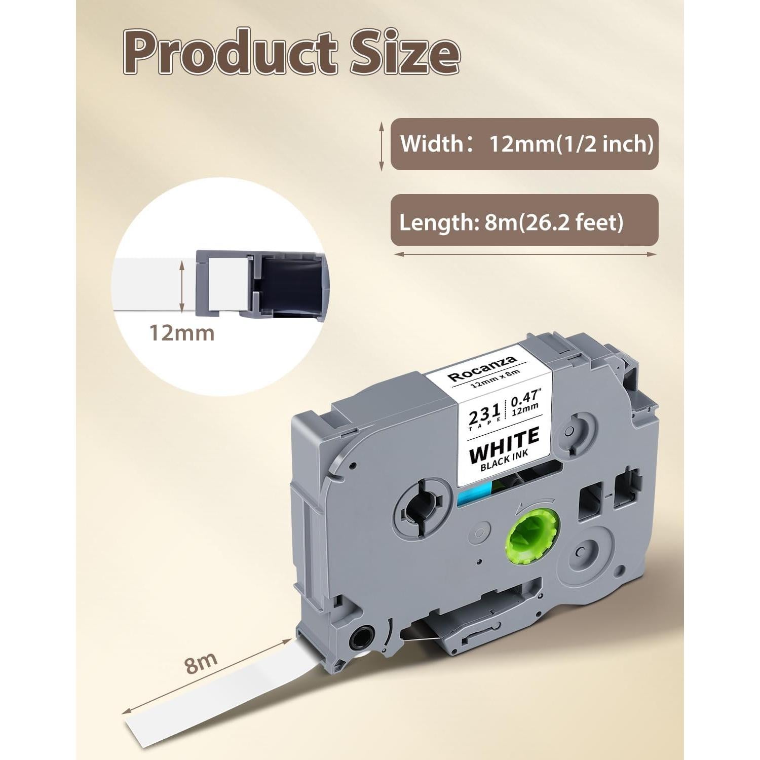 Cinta de Etiqueta Laminada Rocanza TZe-231 12mm Negra sobre Blanca 4-Pack