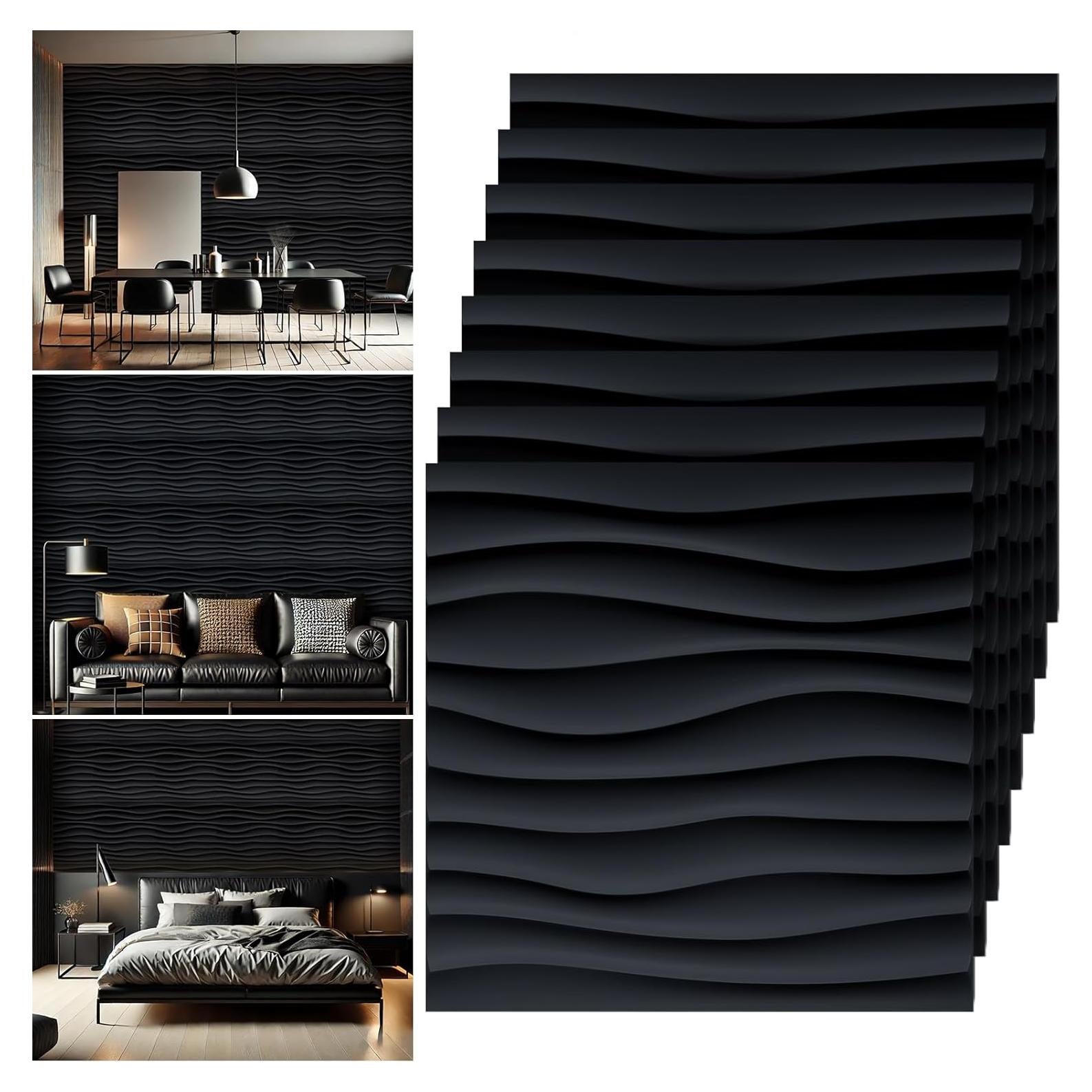 Paneles de Pared 3D Chunful 30 Pcs PVC 30x30 cm Negro