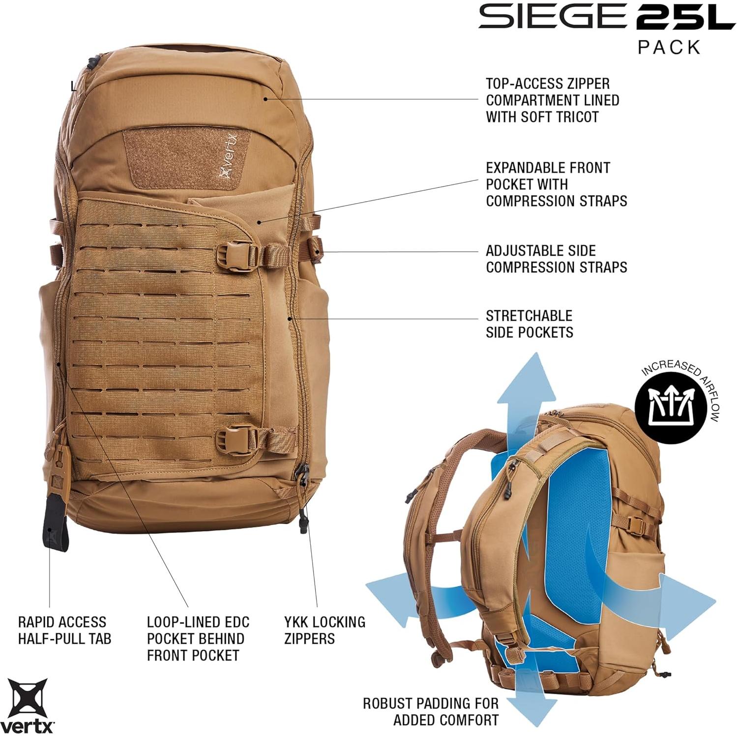 Mochila Táctica Vertx Siege 25L Nylon Coyote con MOLLE
