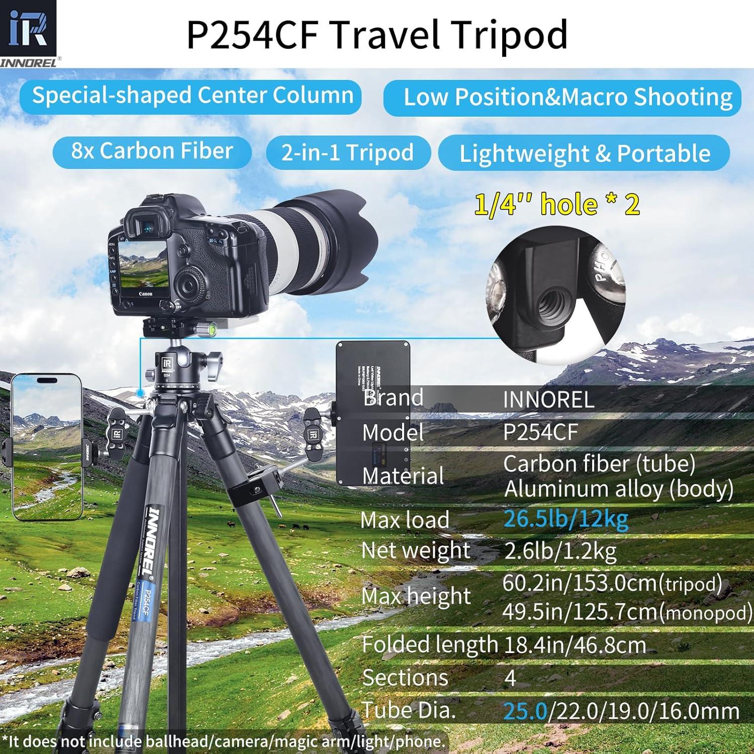 Trípode de Viaje INNOREL P254CF 60" Fibra de Carbono 12kg