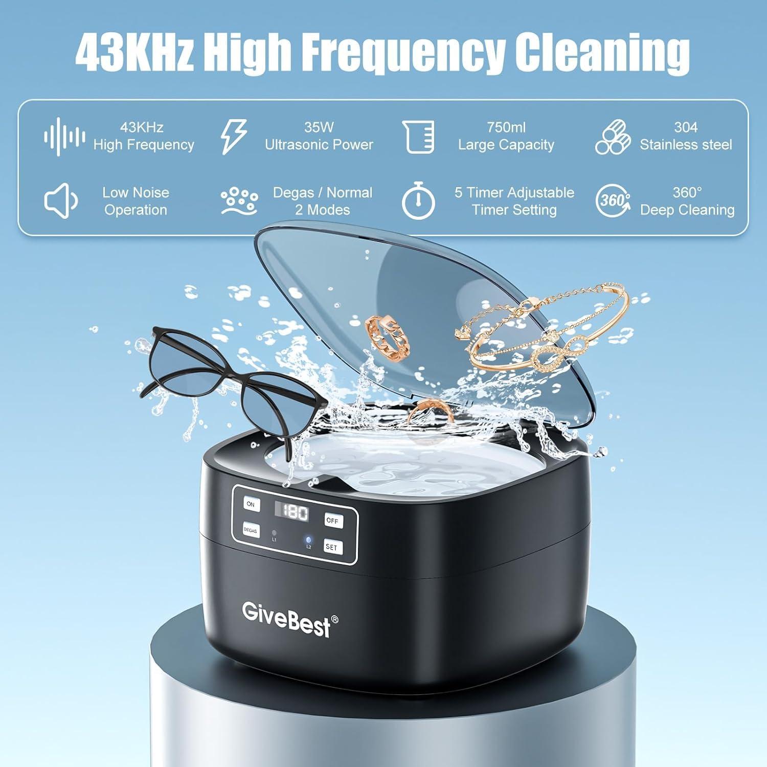 Limpiador Ultrasónico de Joyas GiveBest 750ml 43kHz Negro