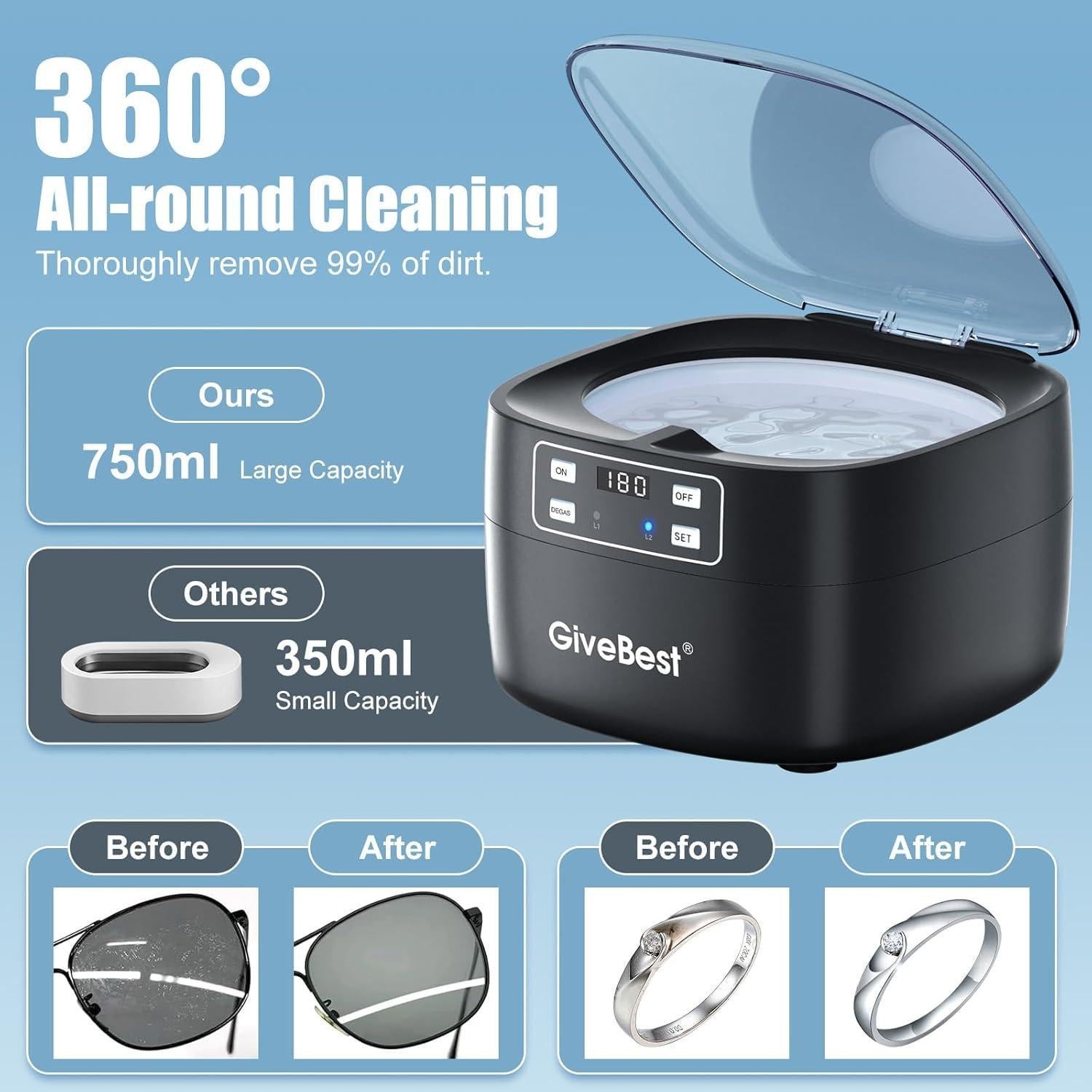 Limpiador Ultrasónico de Joyas GiveBest 750ml 43kHz Negro