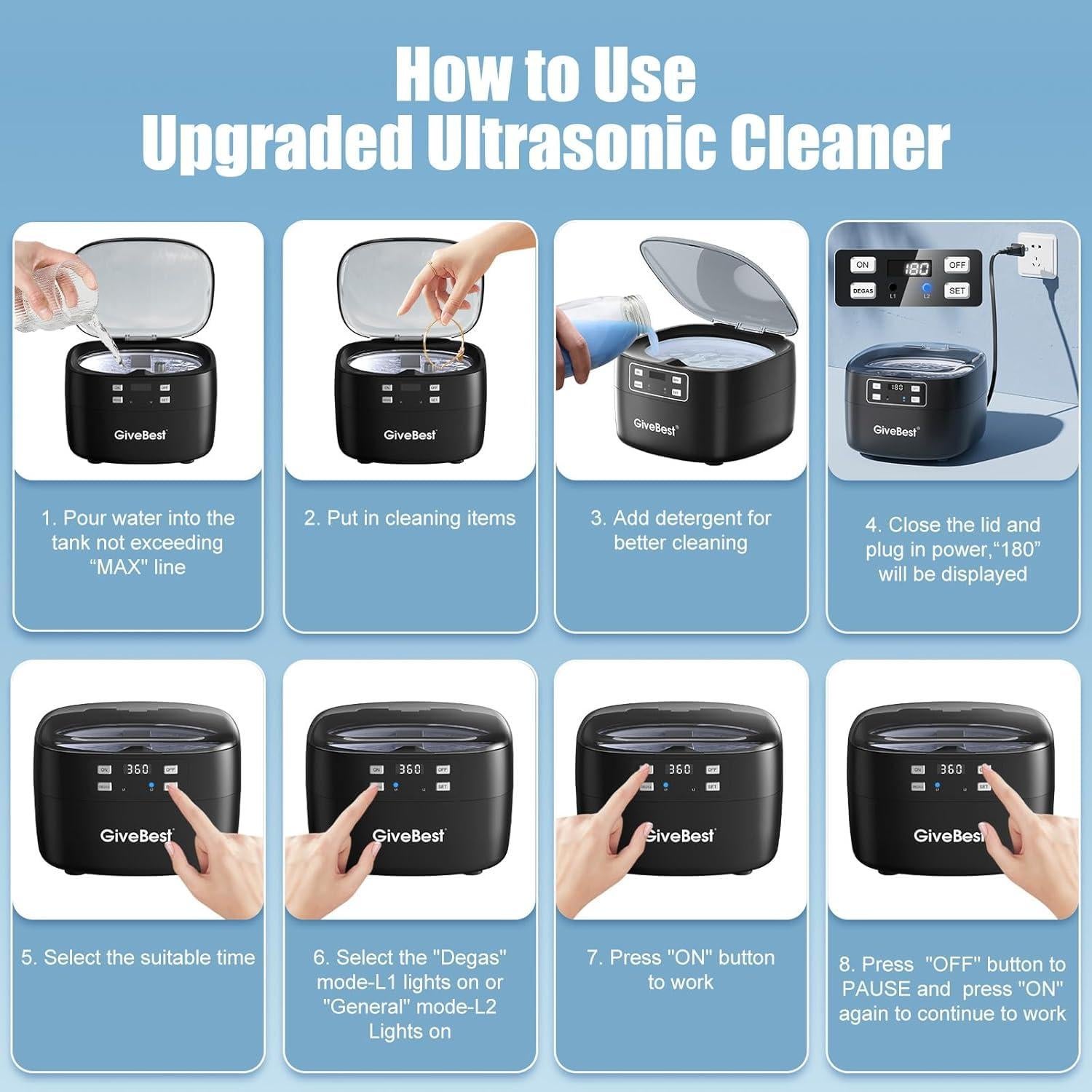 Limpiador Ultrasónico de Joyas GiveBest 750ml 43kHz Negro