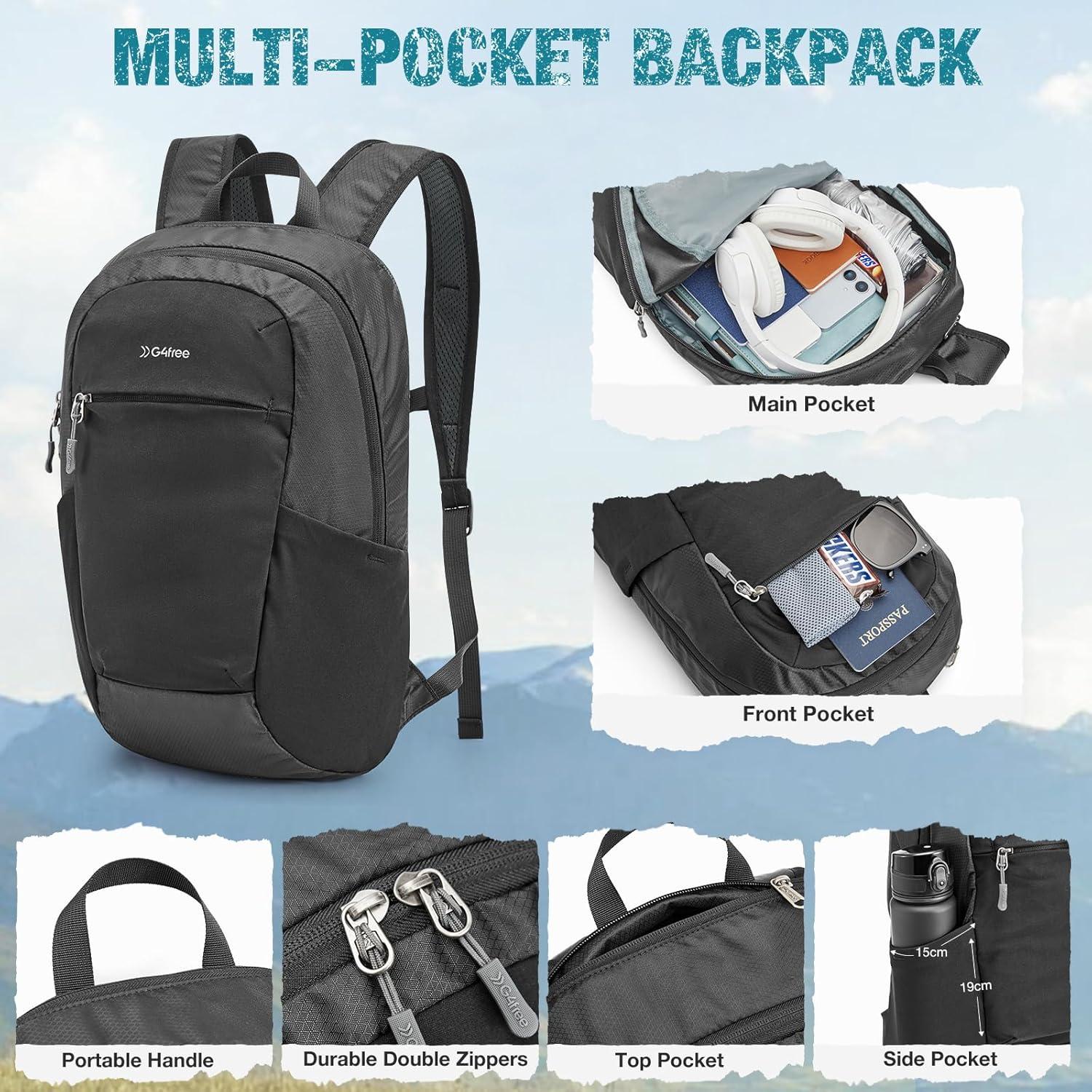 Mochila de Senderismo Plegable G4Free 20L Ligera Negra