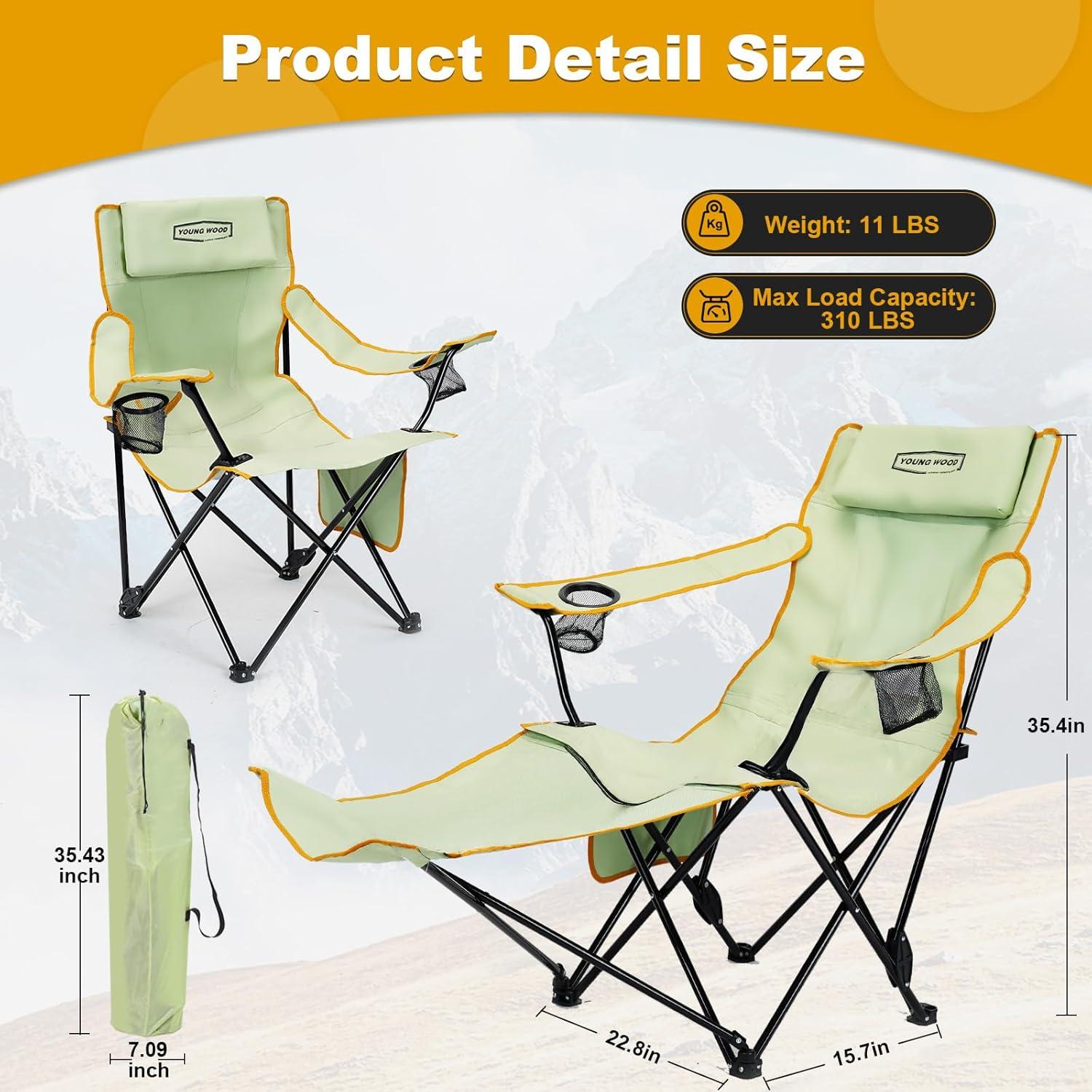 Silla de Camping Plegable YOUNG WOOD Verde Reclinable 150kg