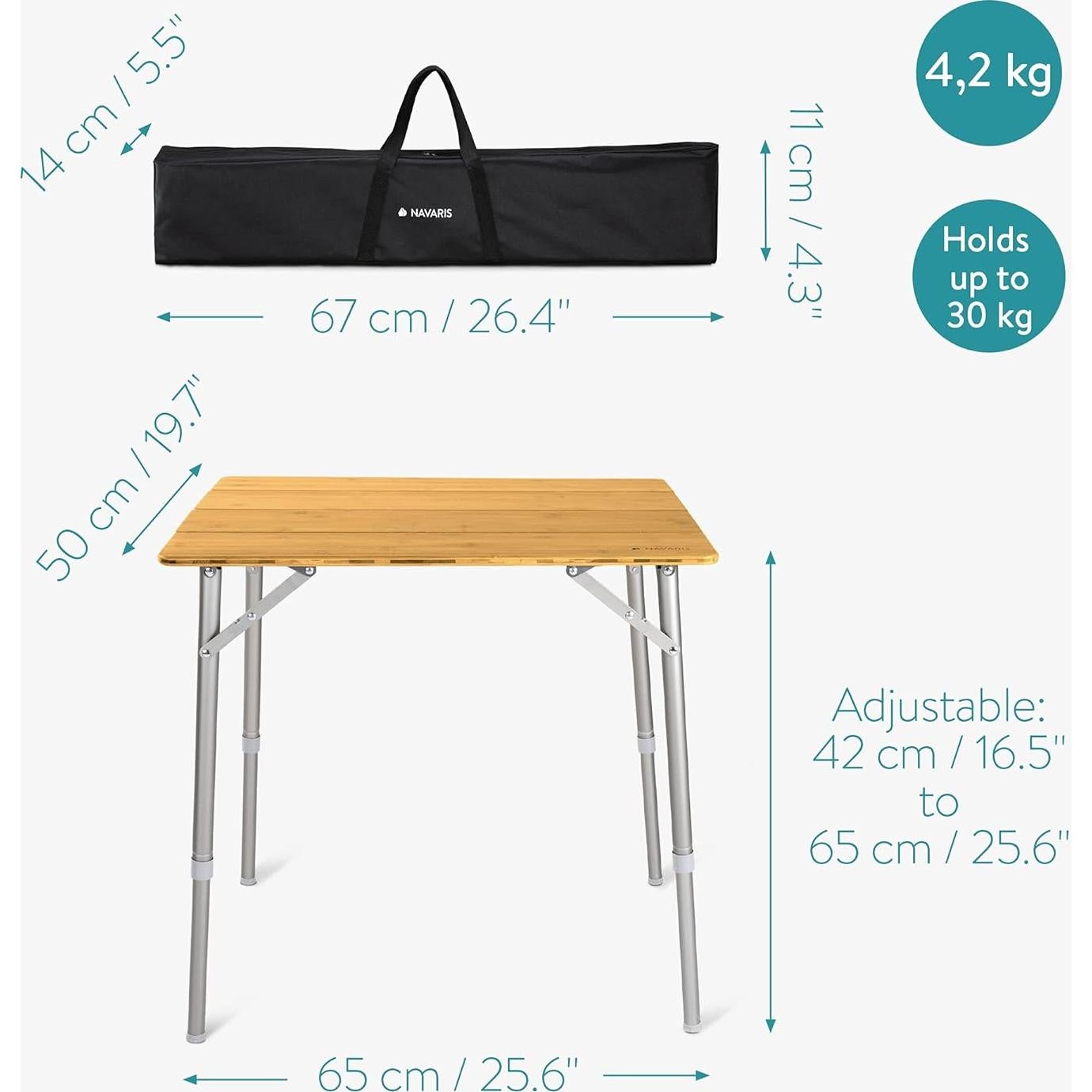 Mesa Plegable Portátil Navaris de Bambú - Altura Ajustable 65 cm