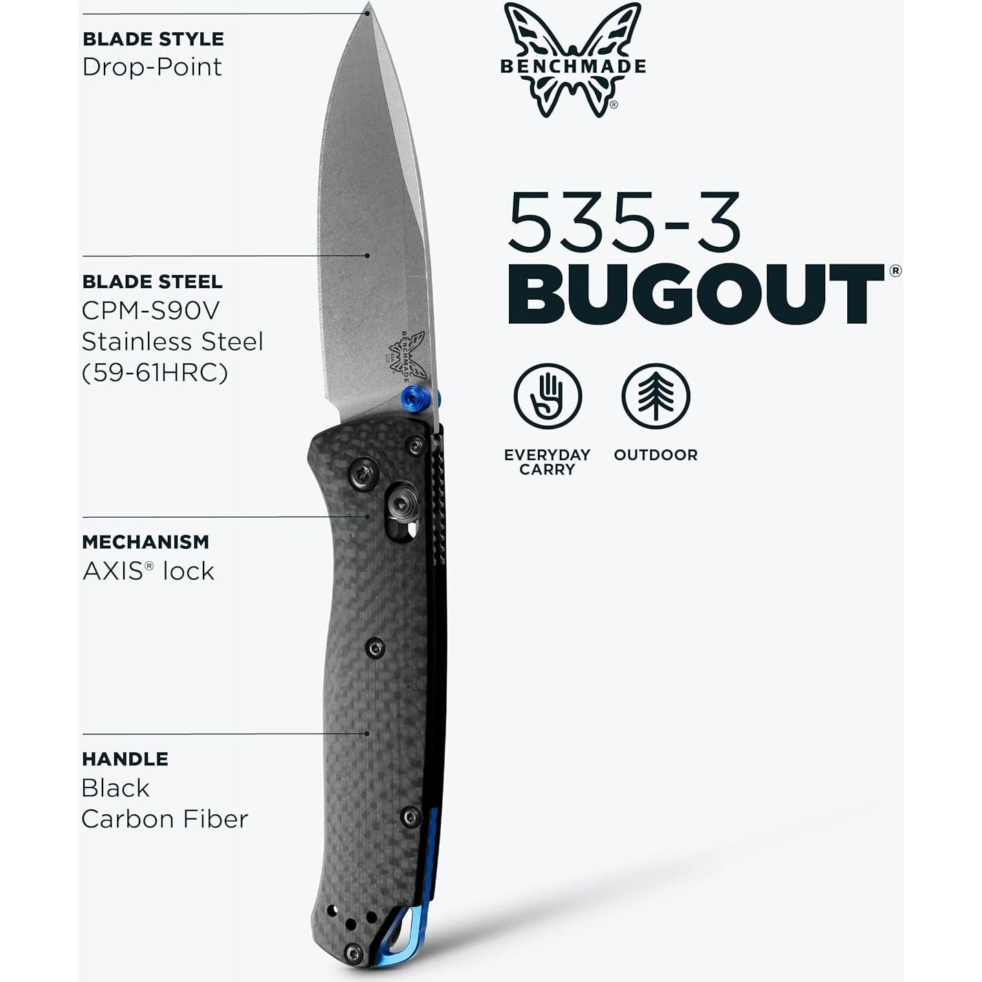 Cuchillo EDC Benchmade Bugout 535-3 Fibra de Carbono 18.93cm