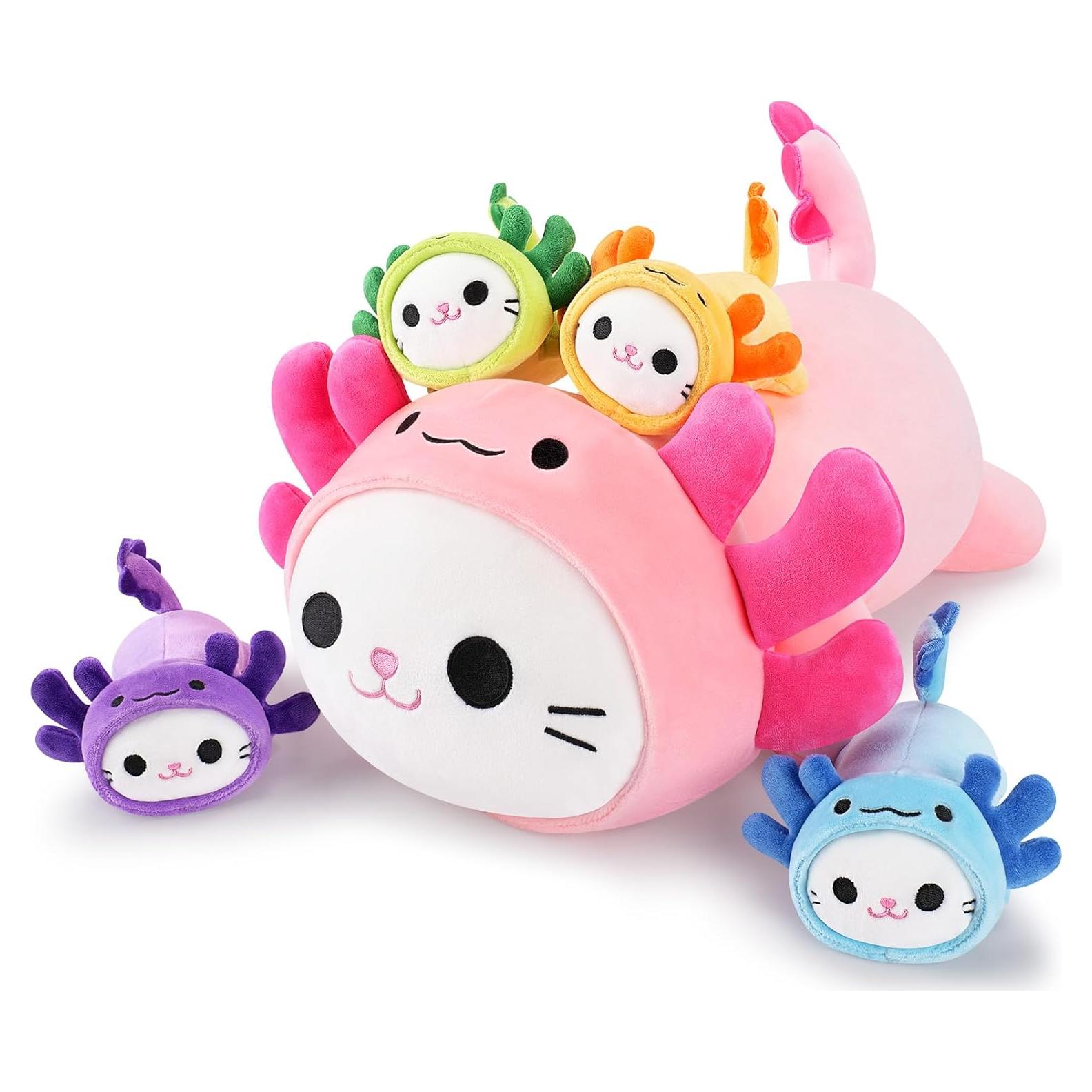 5 PCS Peluches Axolotl Gato Mamá y Gatitos Kawaii 48 cm