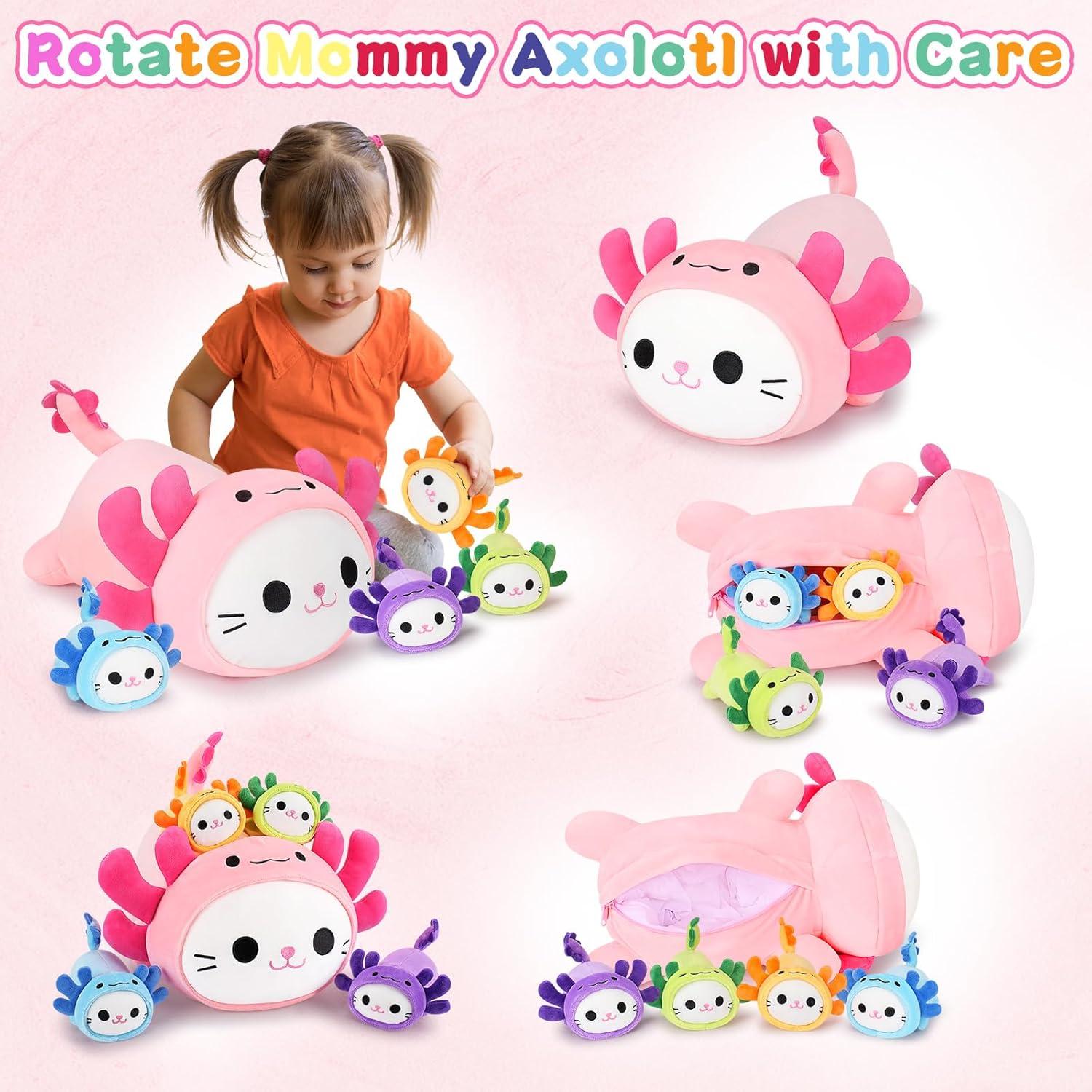 5 PCS Peluches Axolotl Gato Mamá y Gatitos Kawaii 48 cm