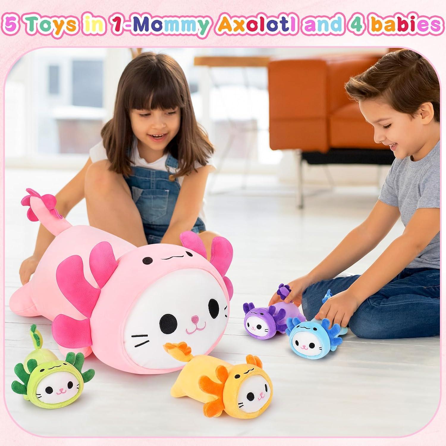 5 PCS Peluches Axolotl Gato Mamá y Gatitos Kawaii 48 cm