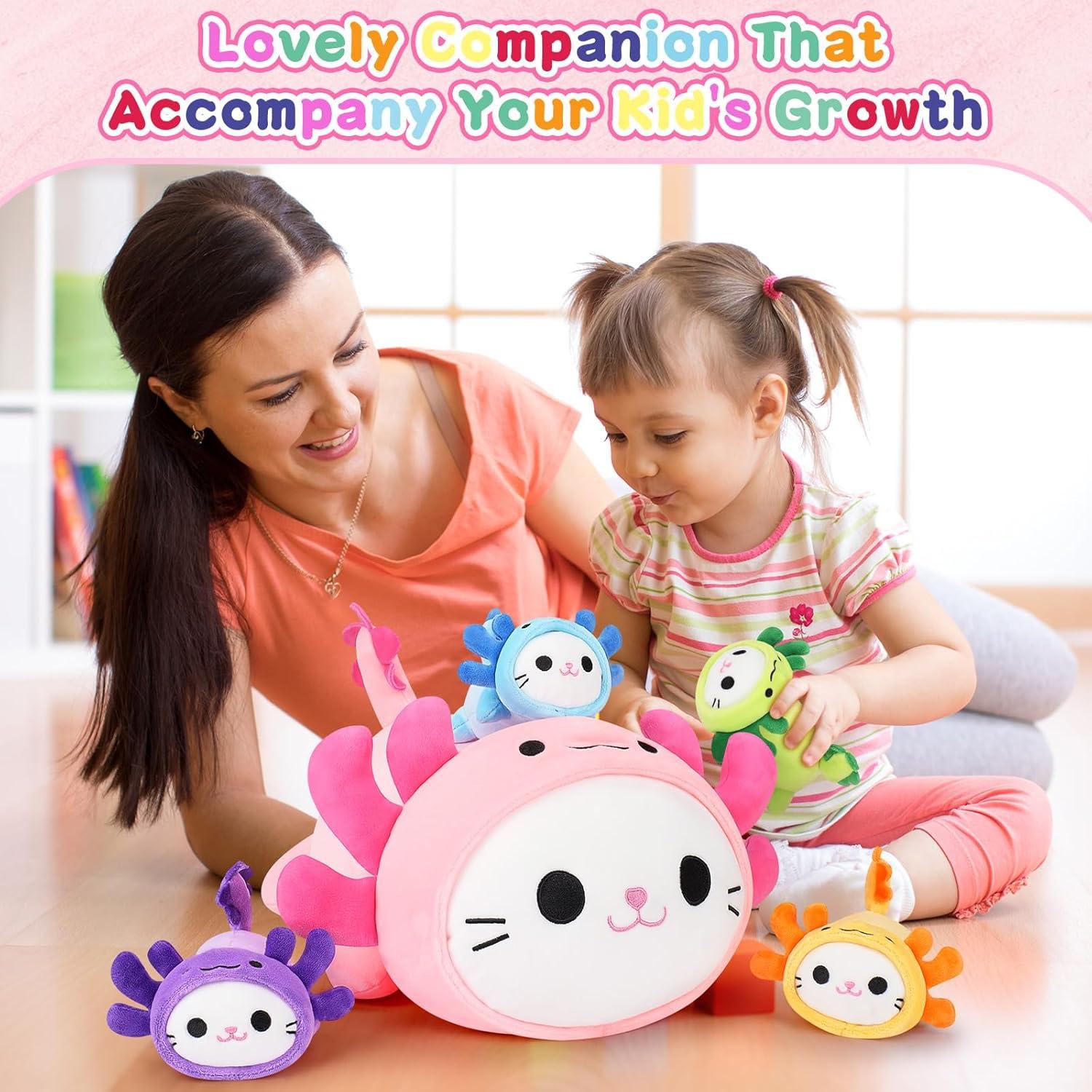 5 PCS Peluches Axolotl Gato Mamá y Gatitos Kawaii 48 cm
