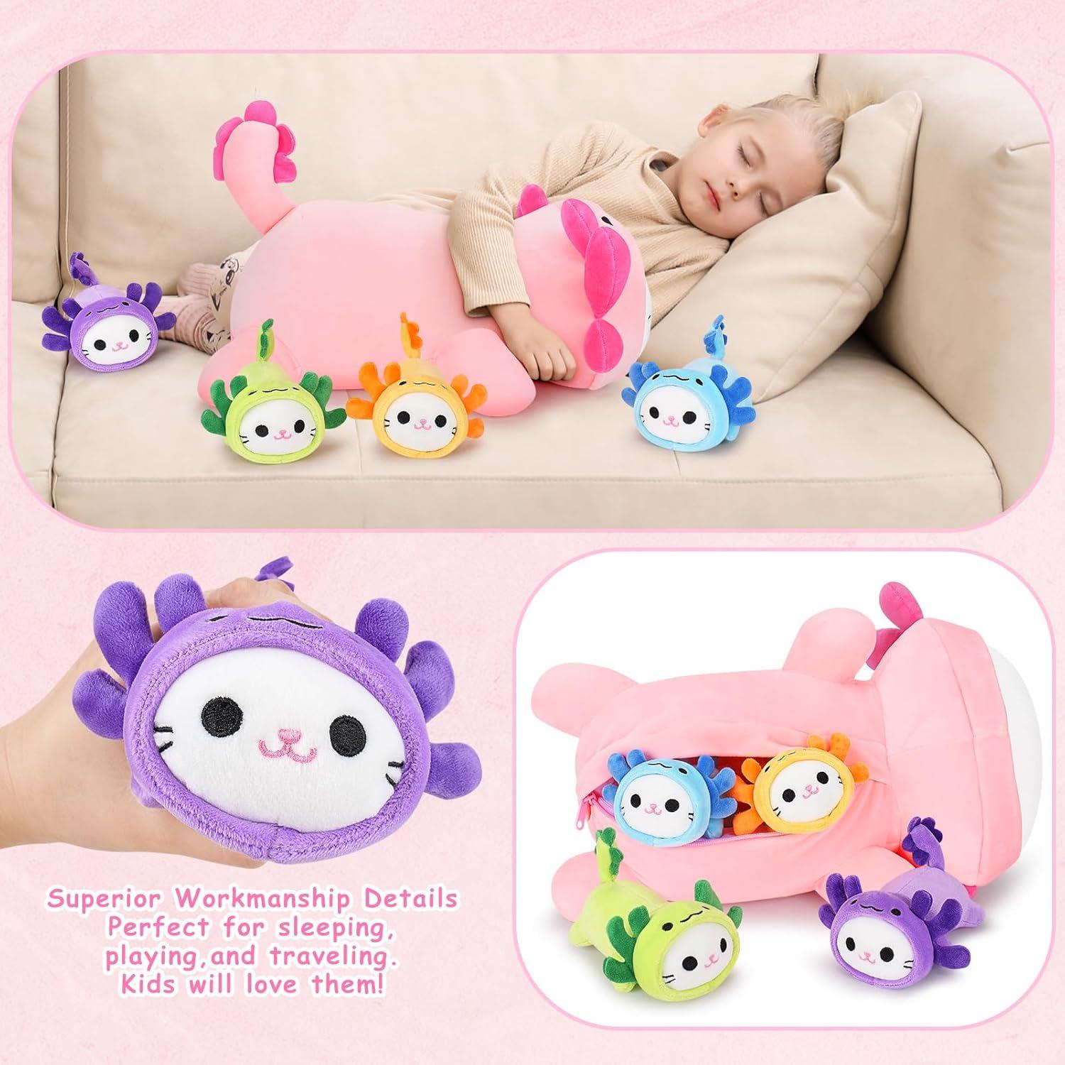 5 PCS Peluches Axolotl Gato Mamá y Gatitos Kawaii 48 cm