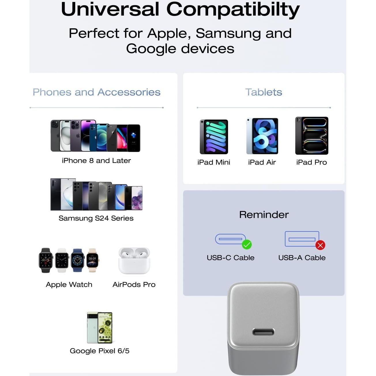 EF ECOFLOW Rapid 20W GaN USB C Charger with Cable,Fast Type C Charging Block Plug for Rapid Compatible with iPhone 15/15 Pro/14/14 Pro Max/13, Galaxy, iPad