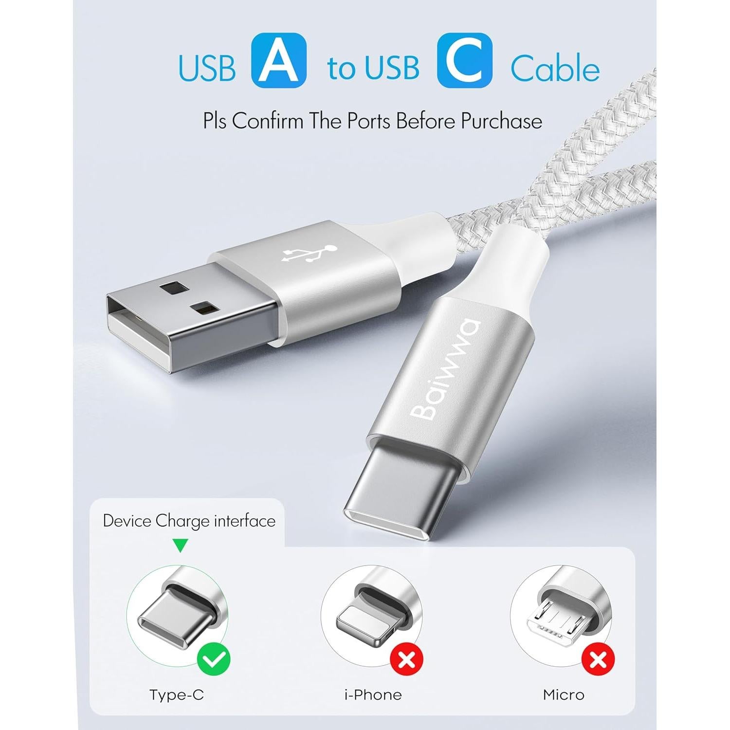 Cable USB C Corto Baiwwa 30.48cm 2-Pack Carga Rápida