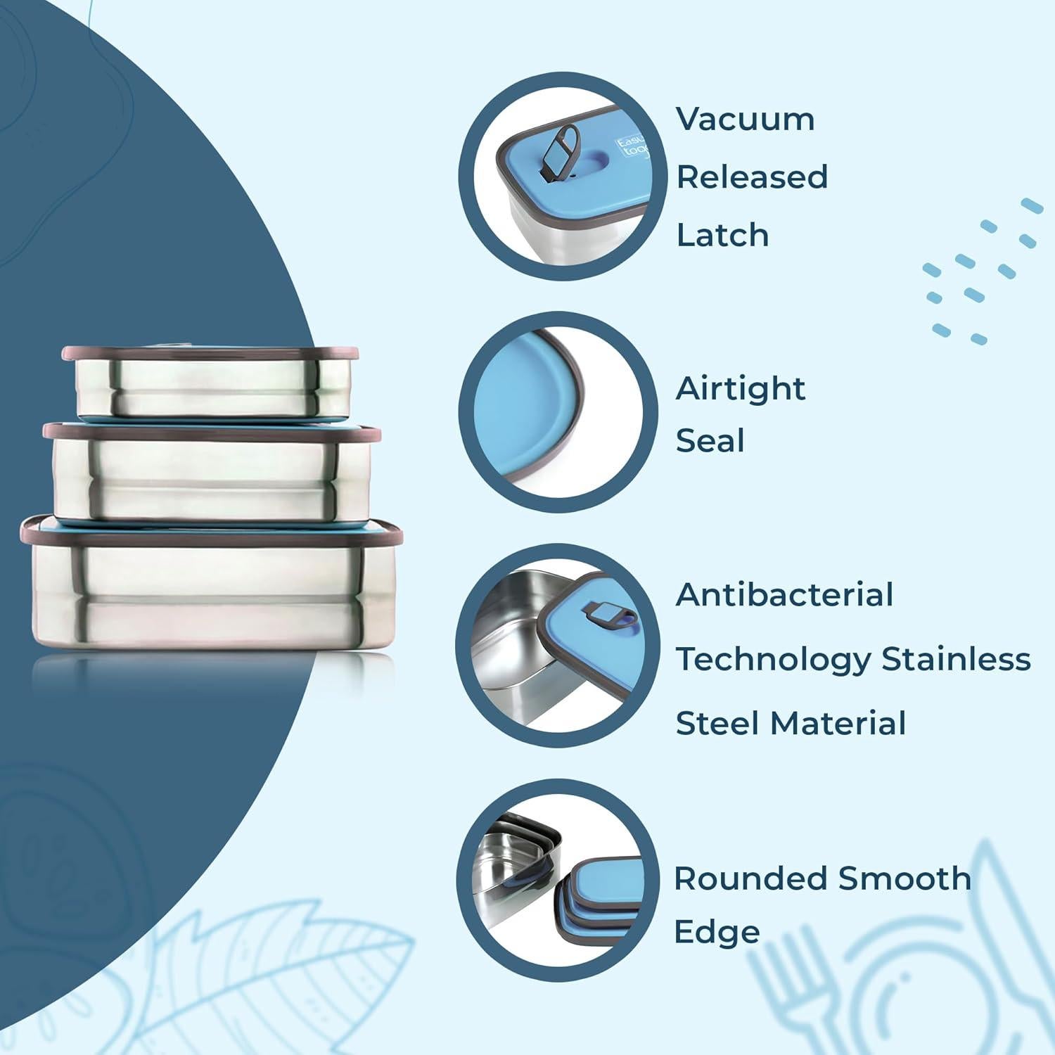 Juego de 3 Contenedores de Almuerzo Easy Togo Acero Inoxidable 2.1L