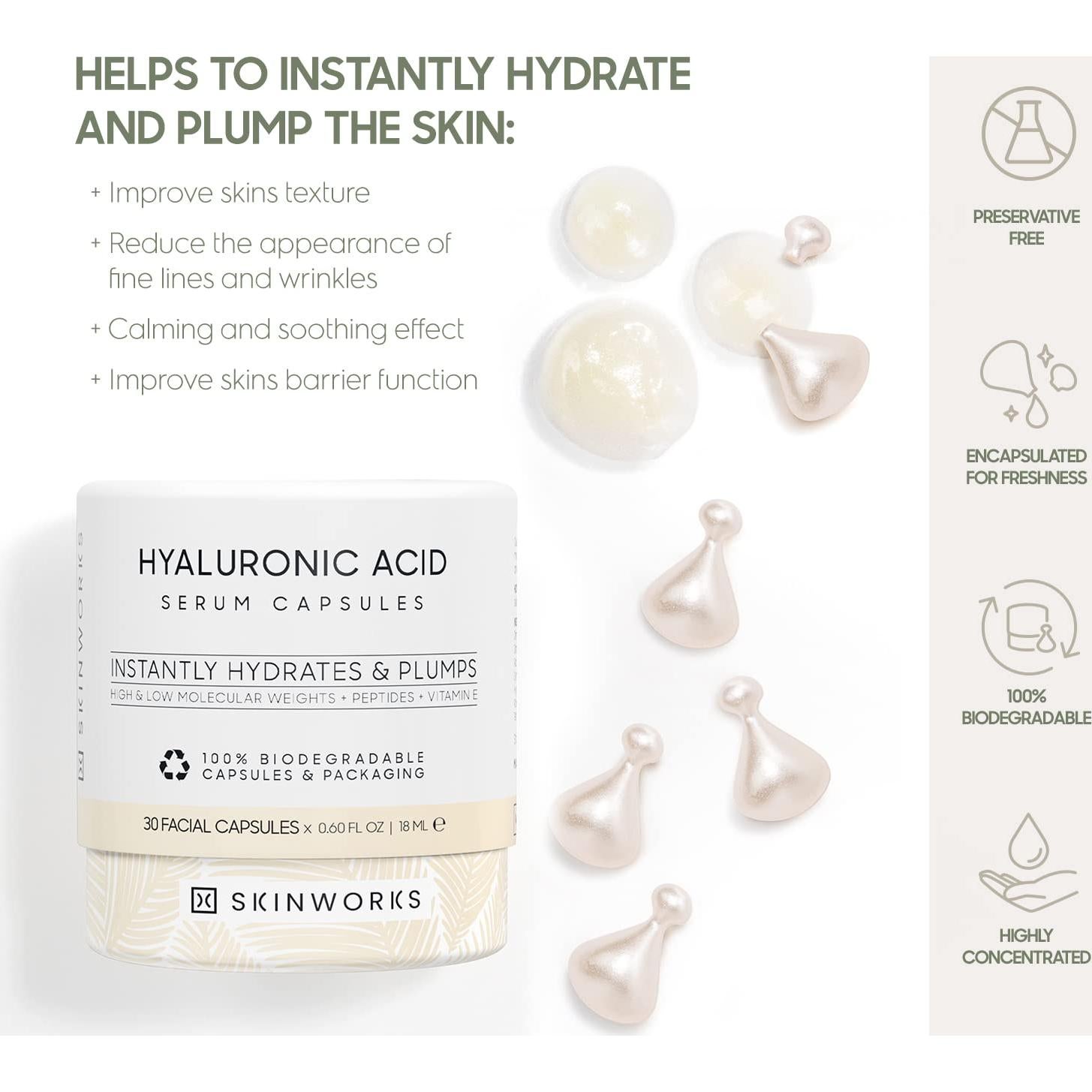 Suero Antienvejecimiento SKINWORKS Ácido Hialurónico 30 Cápsulas