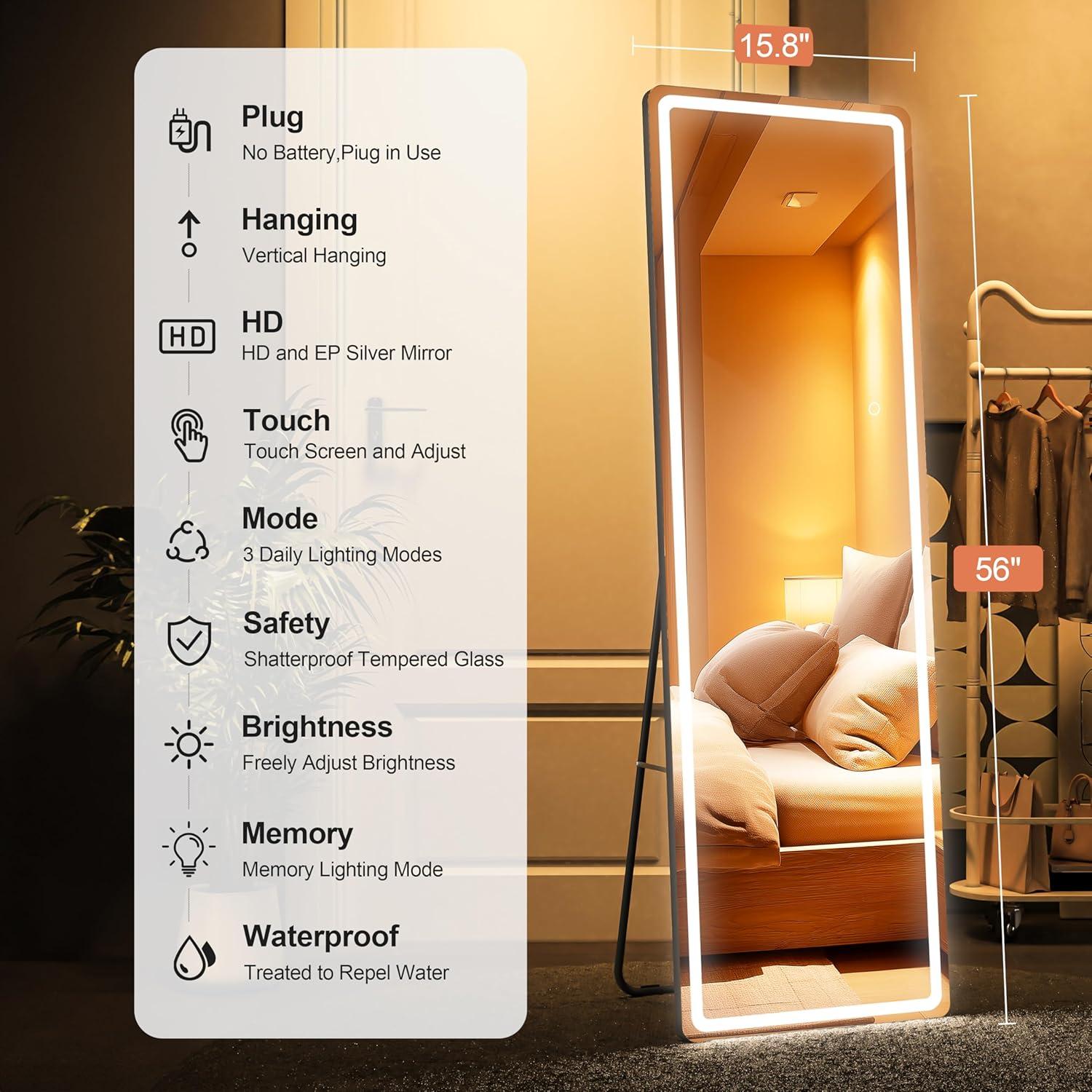 Espejo de Cuerpo Completo LED WINNICE 142.2x40.1cm Negro