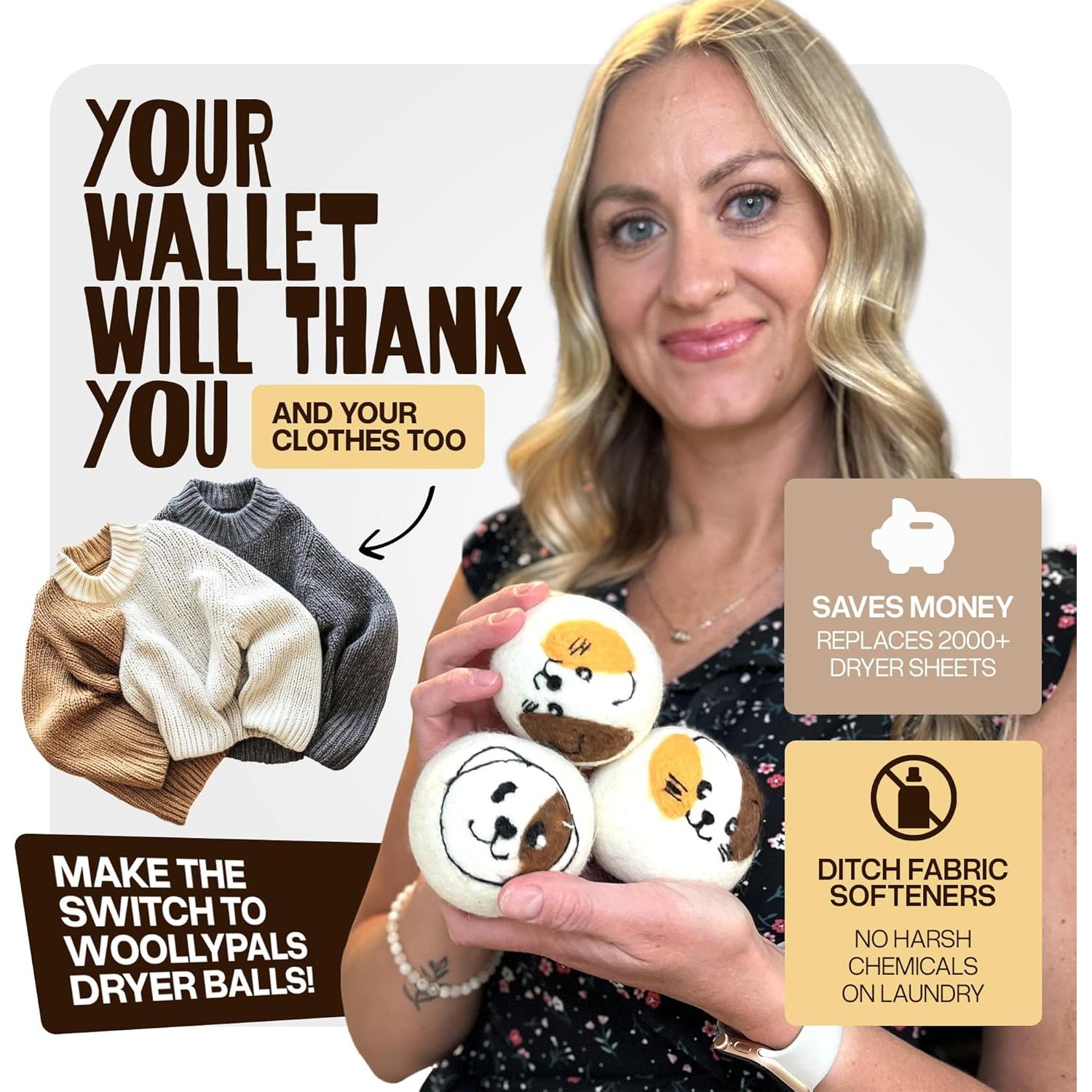 Bolas de Secado de Lana WoollyPals XL - 100% Lana Orgánica - 6 Unidades