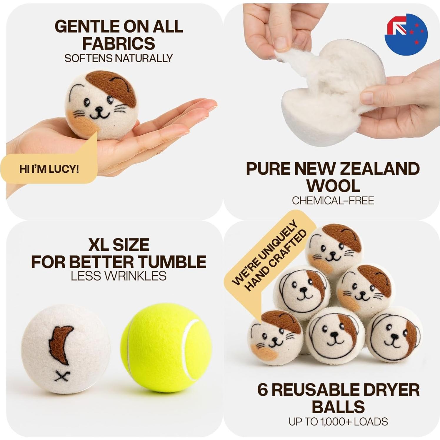 Bolas de Secado de Lana WoollyPals XL - 100% Lana Orgánica - 6 Unidades