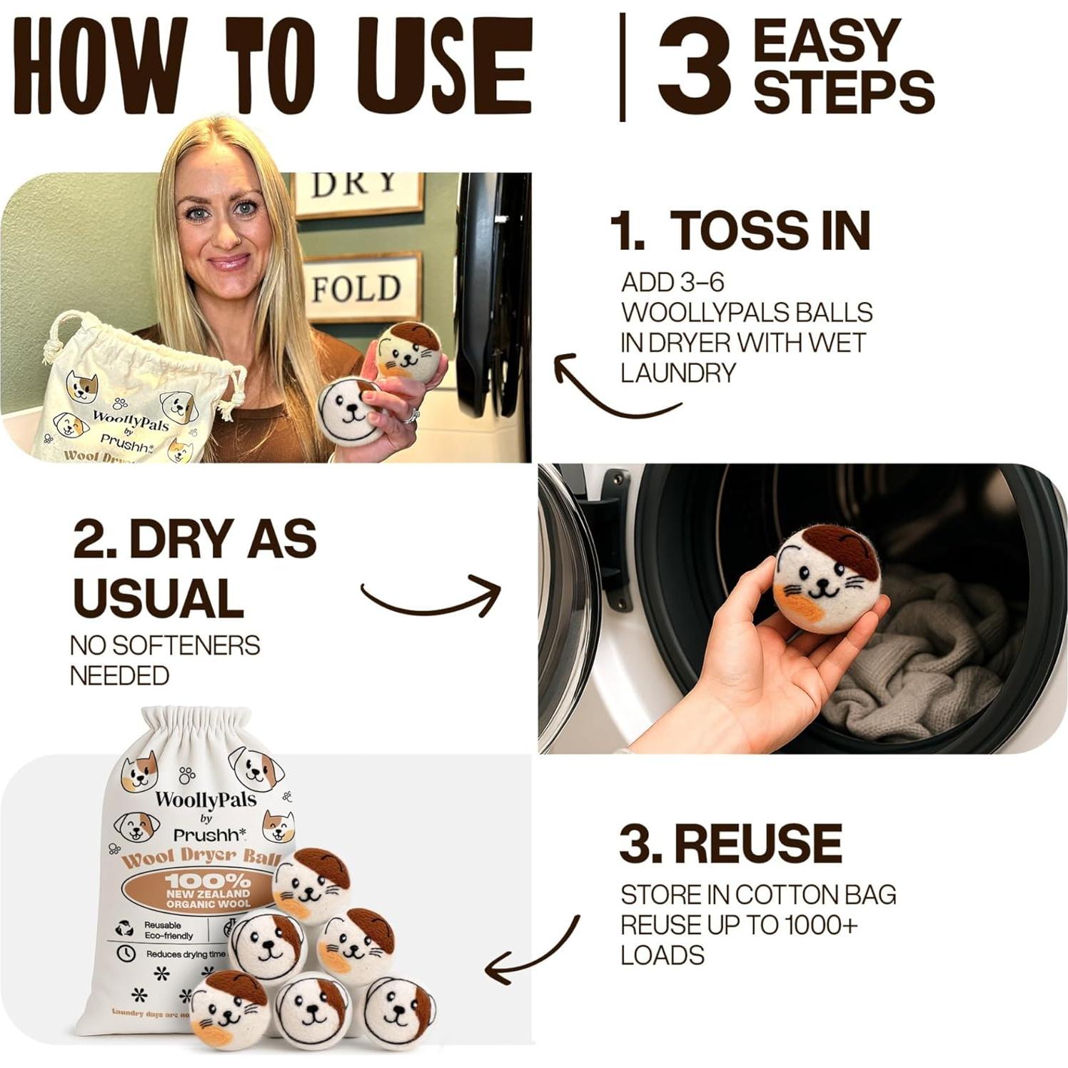 Bolas de Secado de Lana WoollyPals XL - 100% Lana Orgánica - 6 Unidades