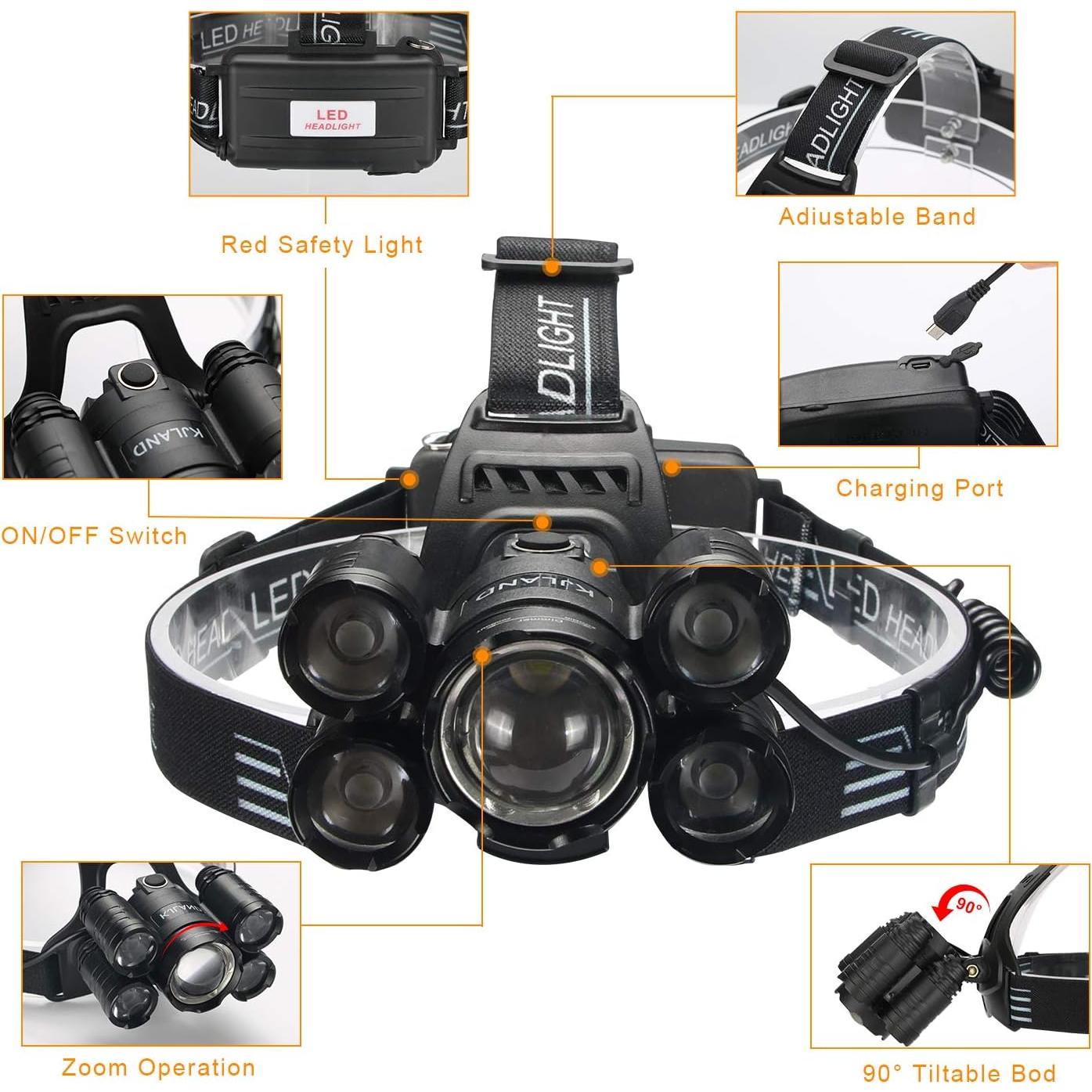 Rechargeable Headlamp, 2000 Lumen Ultra Bright 5 LED Head Lamp for Adults, Waterproof Zoomable Headlight Flashlight, Work Outdoor Hard Hat Light for Camping Hiking Fishing Hunting