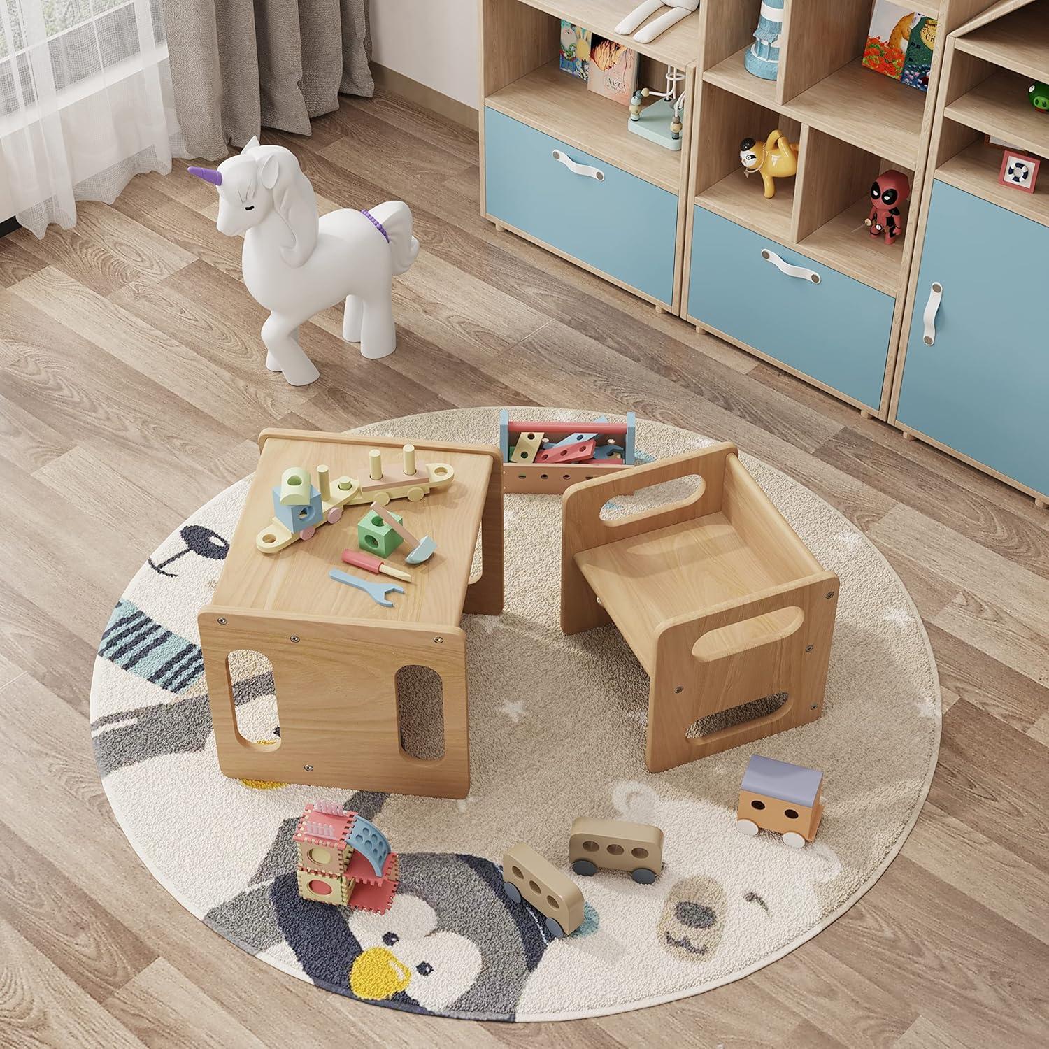 Mesa y Silla Montessori ERUGI para Niños 1-3 Años, Madera Dura